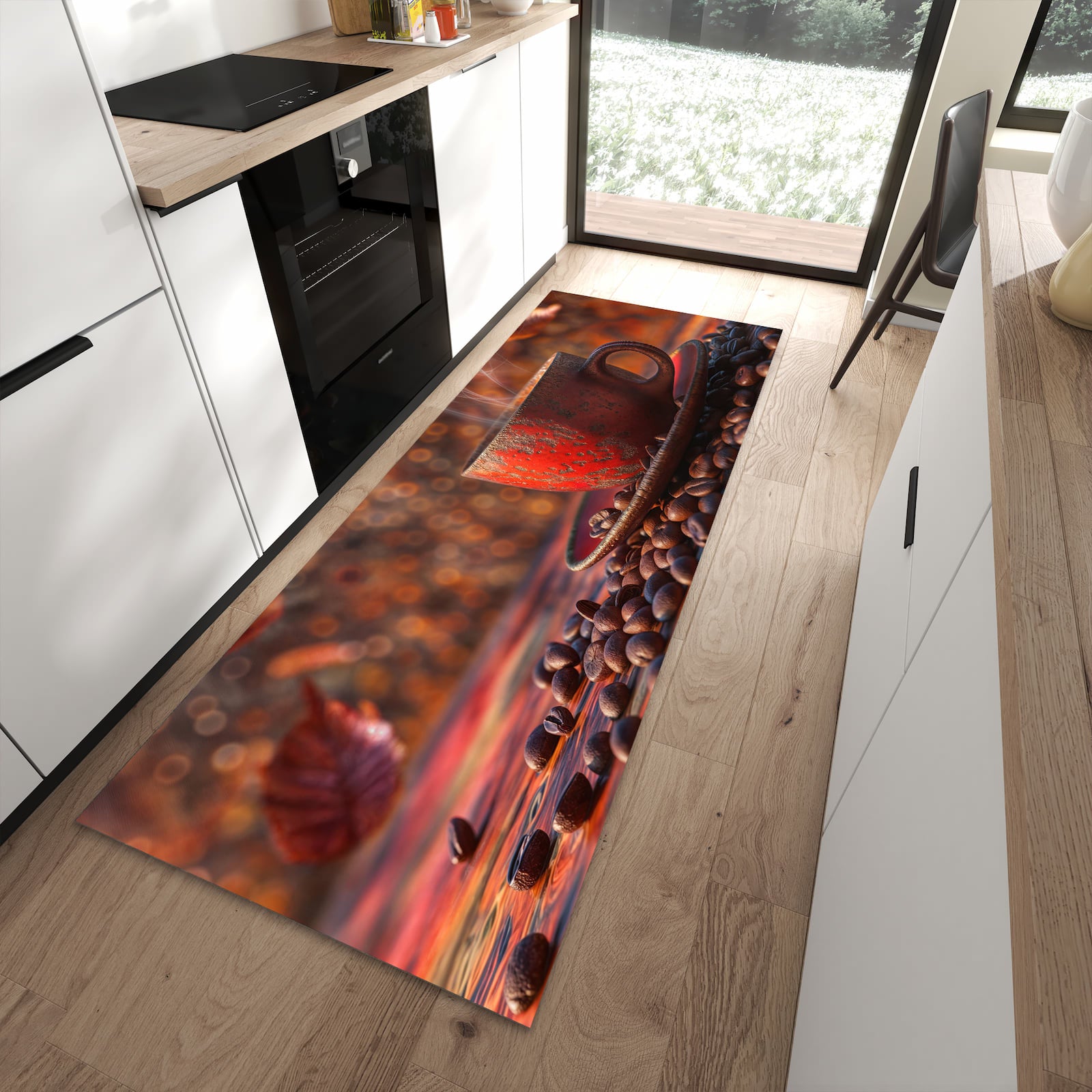 Fleckenresistenter Bodenläufer mit Motiv Kaffeetasse im Herbst in moderner Küche