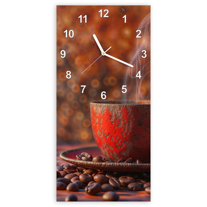 Wanduhr Kaffeetasse im Herbst aus Glas – Hochformat 30 × 60 cm mit Ziffernblatt Modern