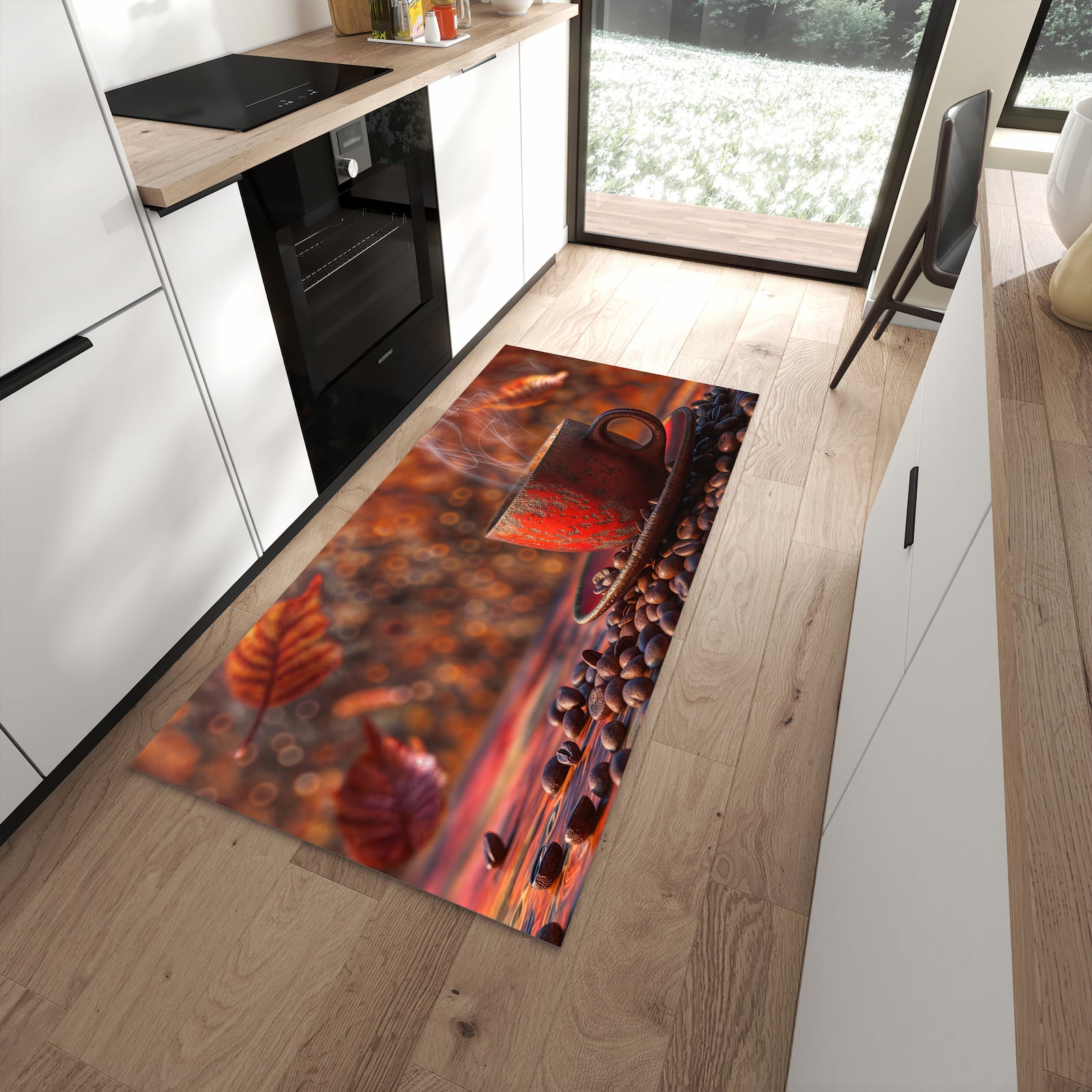 Wasserabweisender Bodenläufer mit Motiv Kaffeetasse im Herbst in moderner Küche