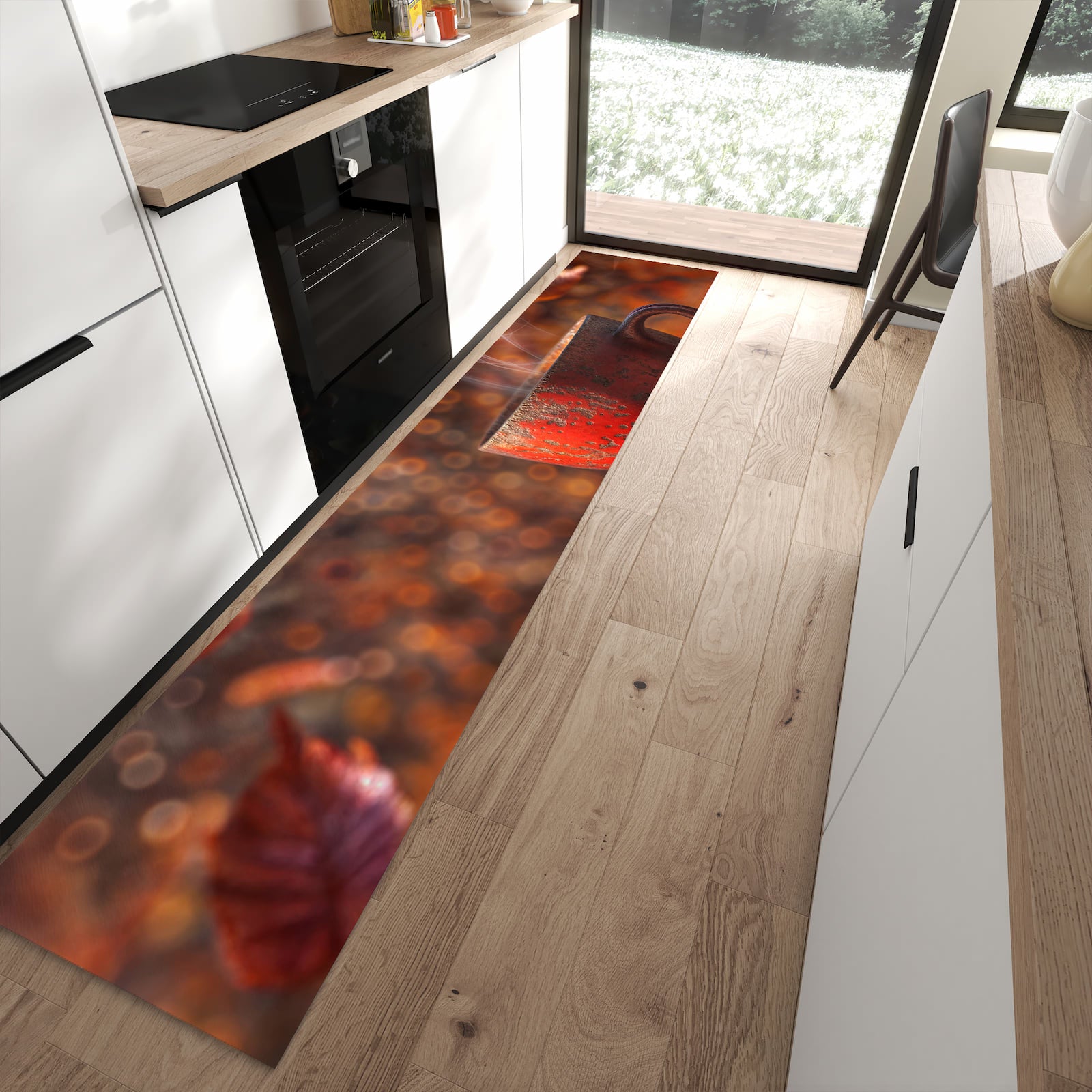 Dünner Küchenteppich mit Motiv Kaffeetasse im Herbst in moderner Küche für sicheres Aufbewahren