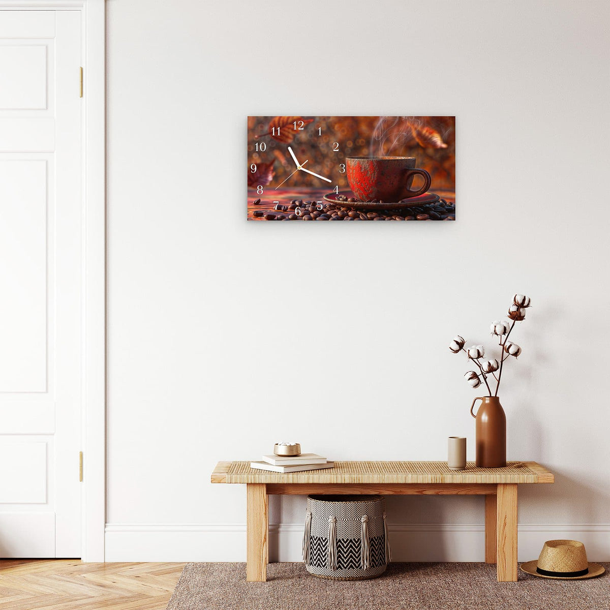 Moderne Wanduhr aus Glas mit Farbtiefe – Wanduhr Kaffeetasse im Herbst aus Glas – Querformat 60 × 30 cm