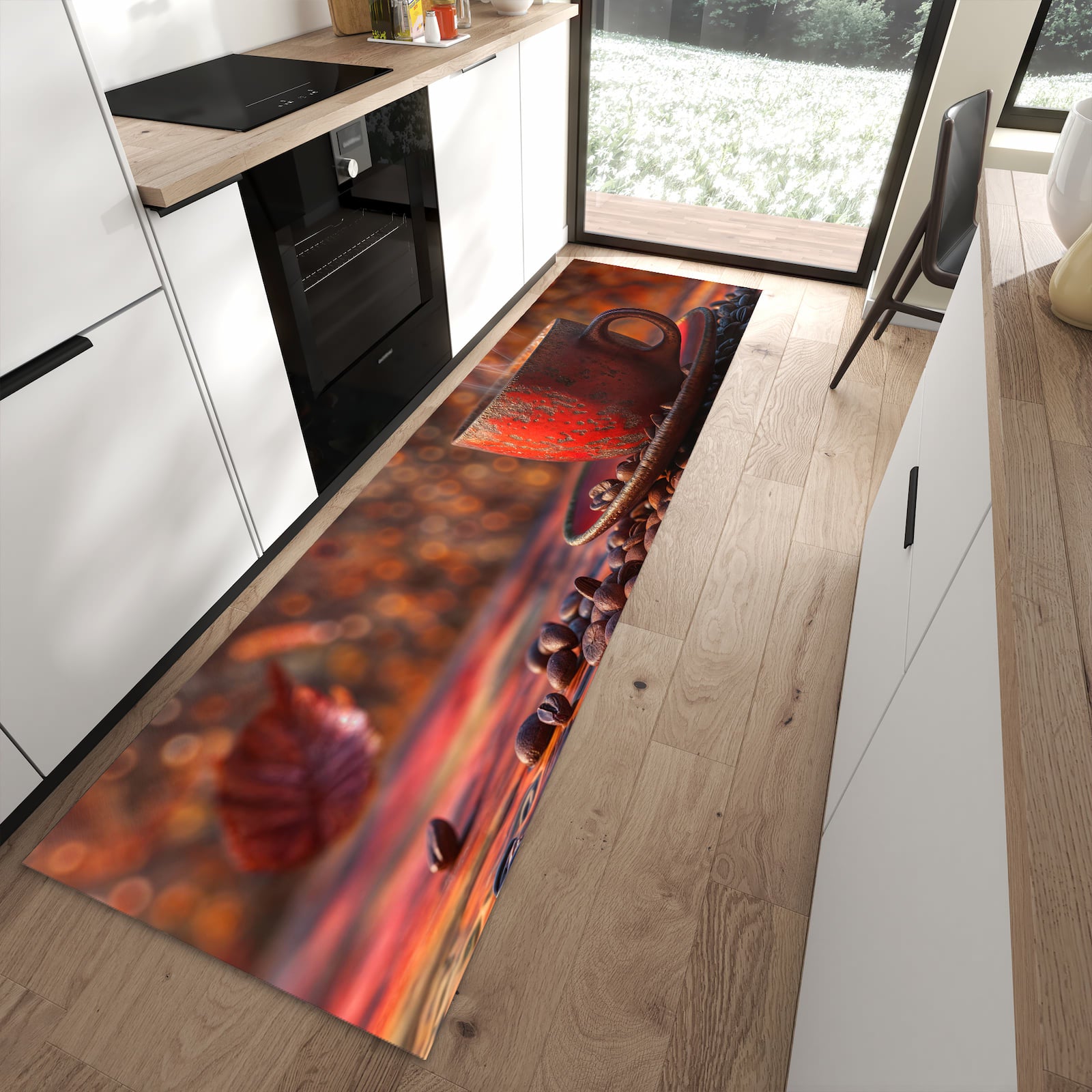 UV-beständiger waschbarer Teppich für Esstisch mit Motiv Kaffeetasse im Herbst in moderner Küche