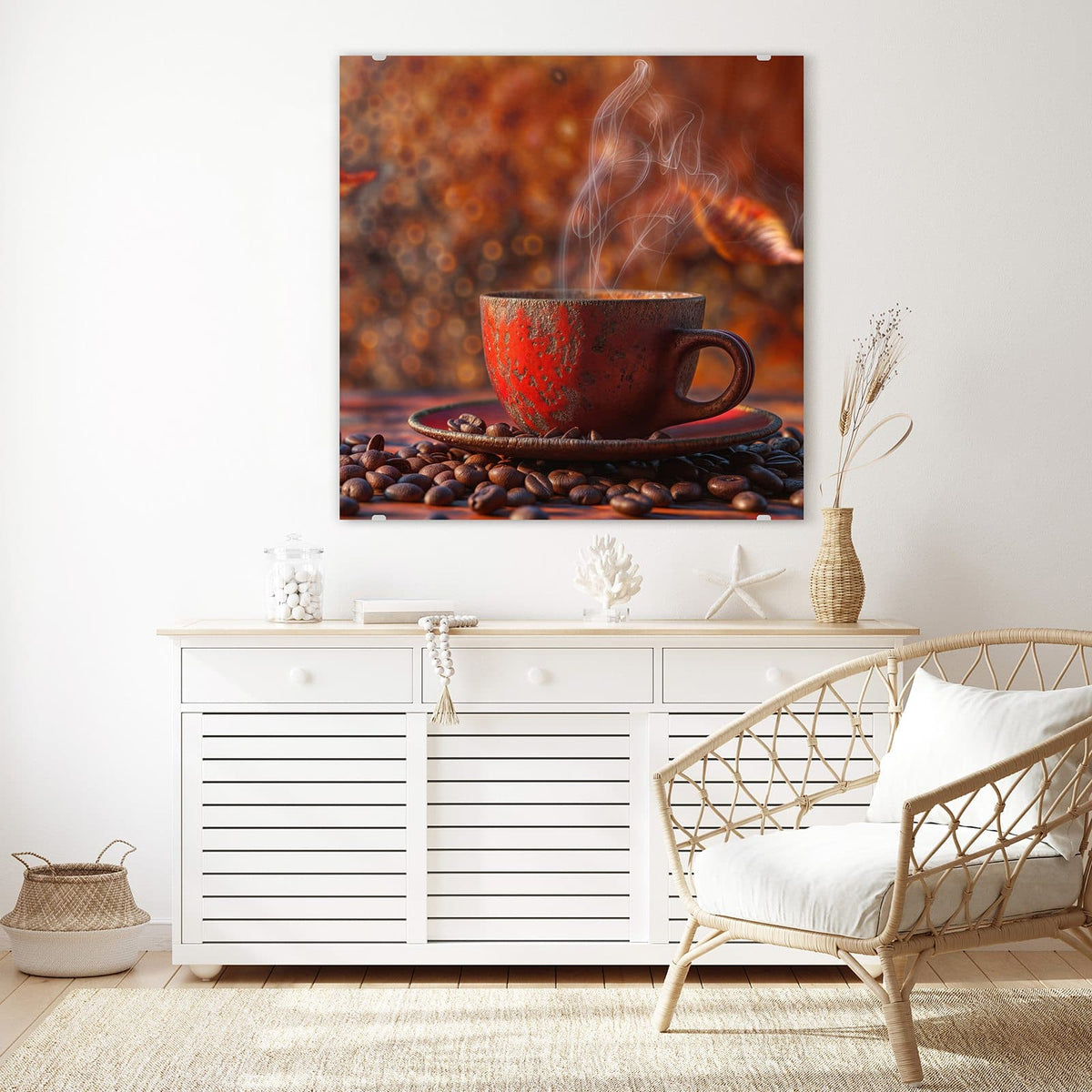 Echtglas, 4 mm – kein Acryl, keine Folie – Wandbild - Kaffeetasse im Herbst - Quadratisch