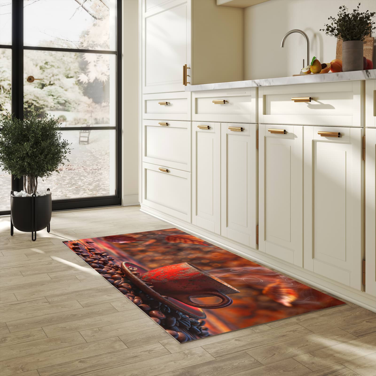 Küchenteppich mit angenehmer Haptik und Motiv Kaffeetasse im Herbst in heller Küche, waschbar