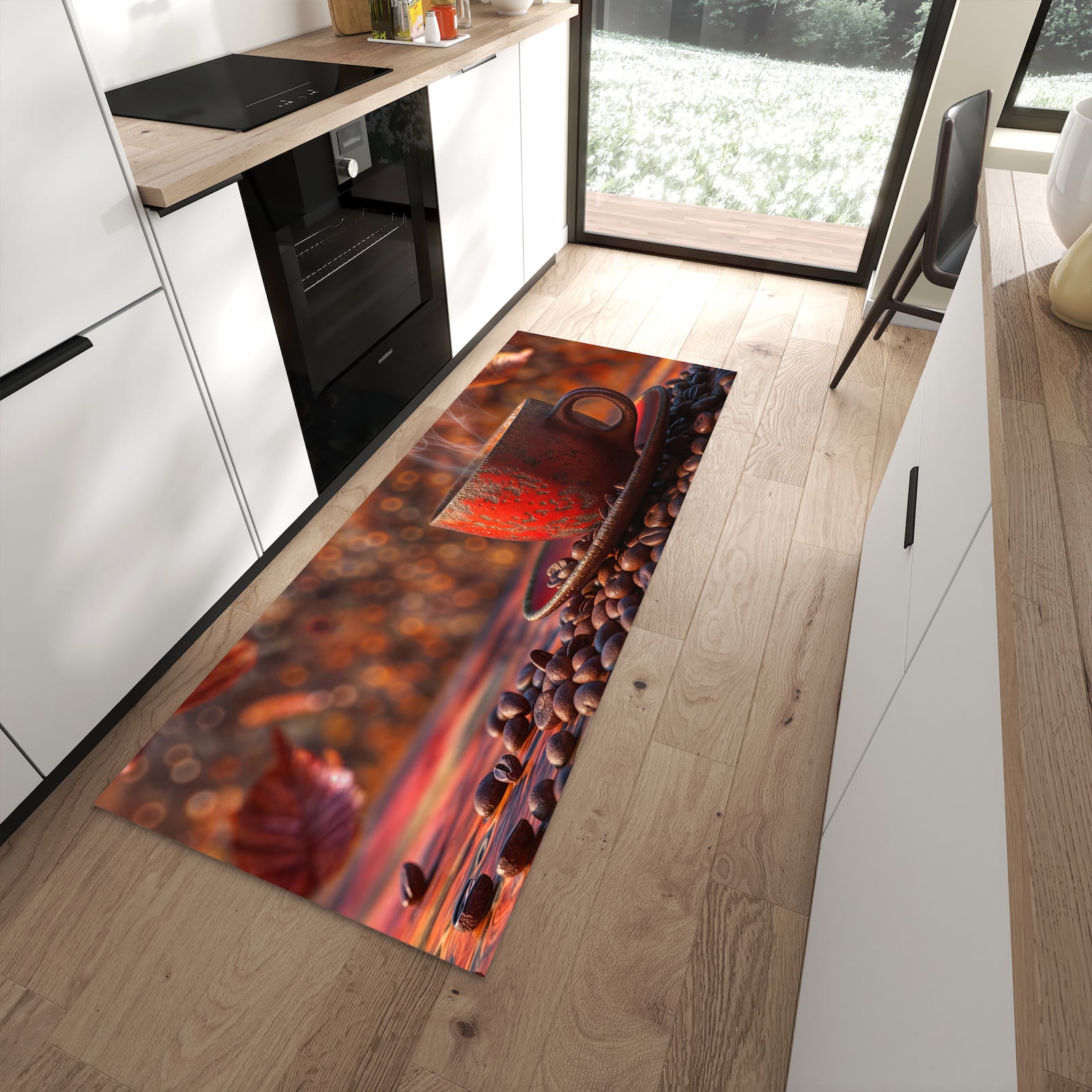 Geräuschdämpfender dünner Küchenteppich mit Motiv Kaffeetasse im Herbst in moderner Küche