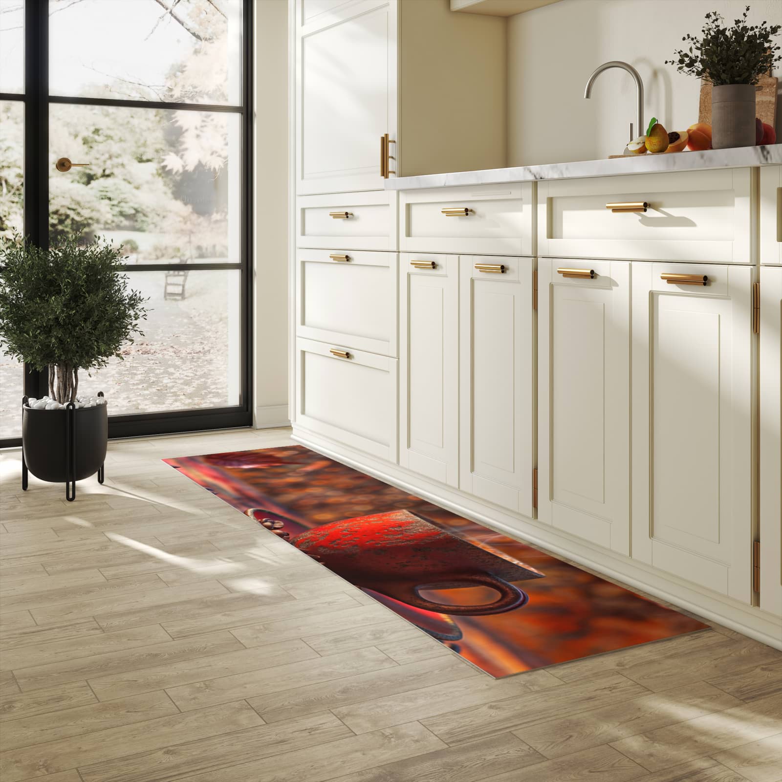 Schmutzabweisender waschbarer Küchenläufer mit Motiv Kaffeetasse im Herbst in heller Küche