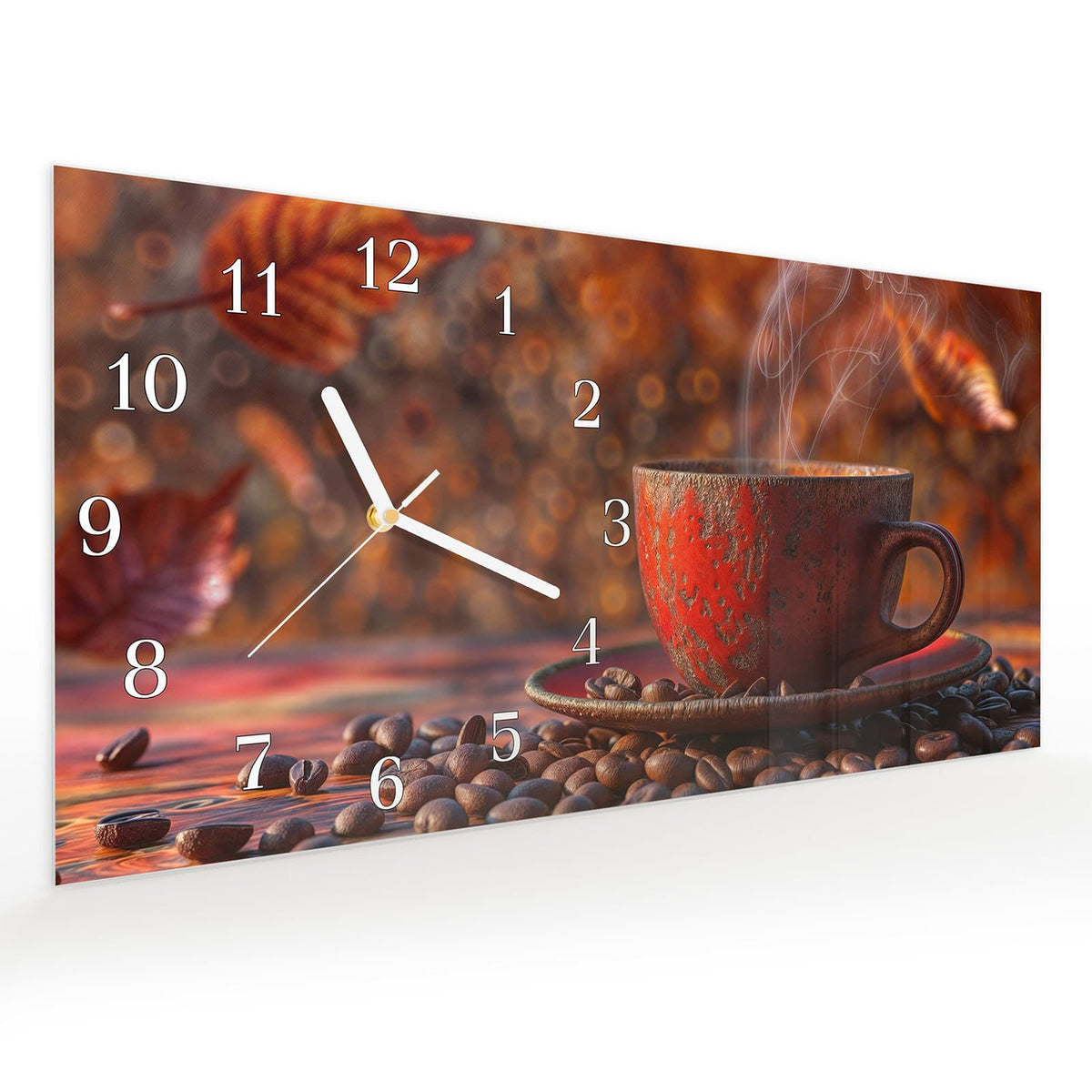 Vormontiert – mit Schwebeeffekt – Wanduhr Kaffeetasse im Herbst aus Glas – Querformat 60 × 30 cm