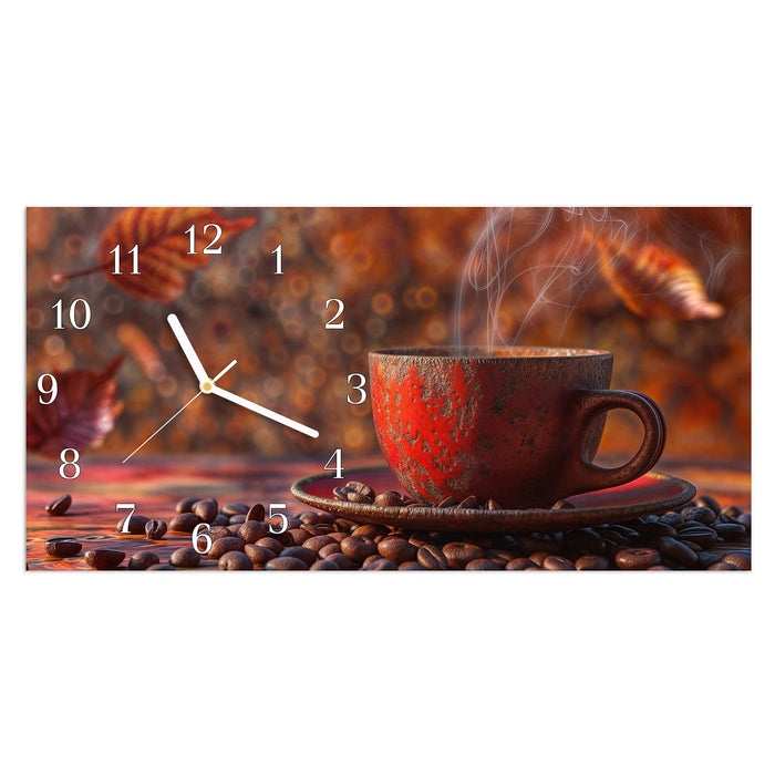 Wanduhr Kaffeetasse im Herbst aus Glas – Querformat 60 × 30 cm mit Ziffernblatt Klassisch