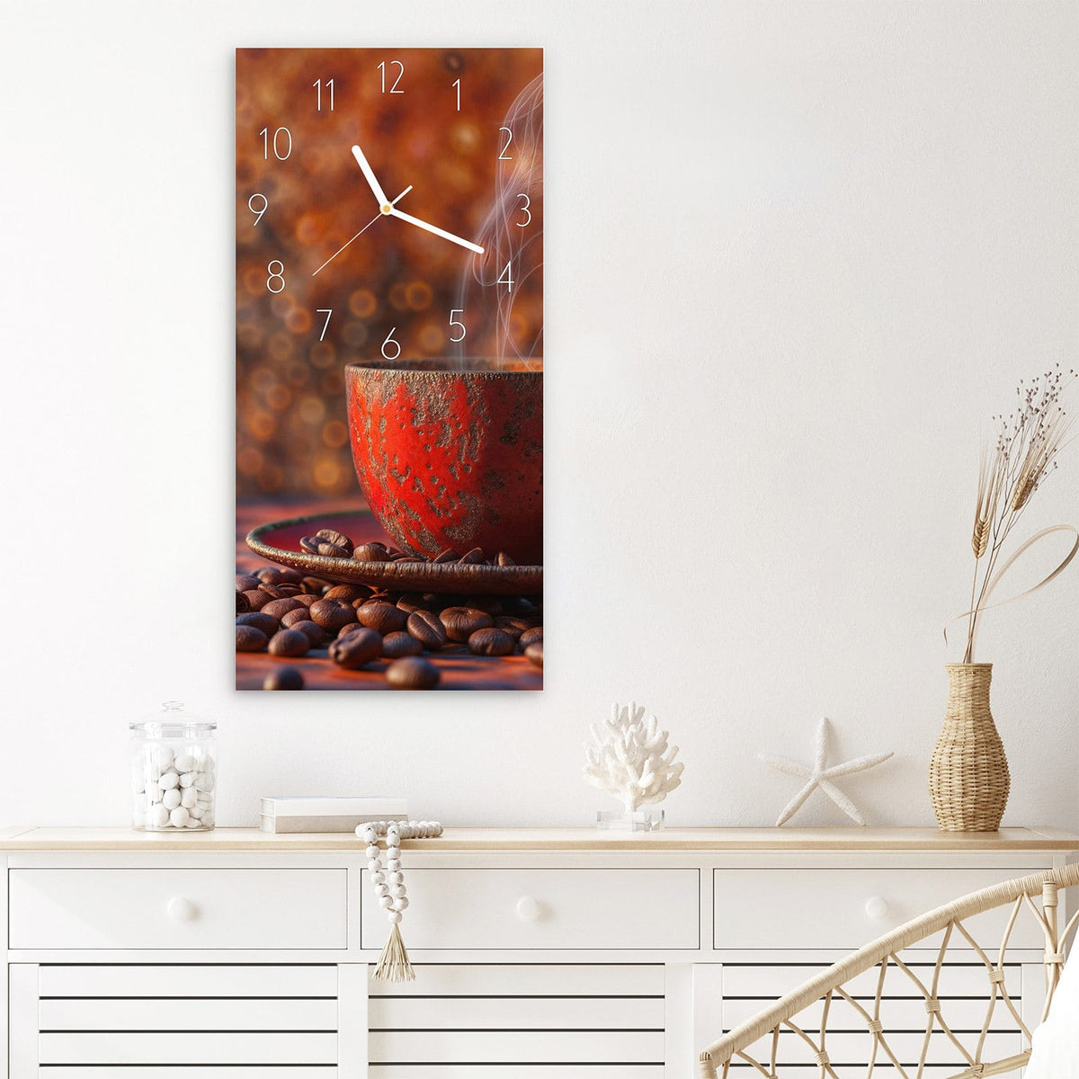Wanduhr Kaffeetasse im Herbst aus Glas – Hochformat 30 × 60 cm – Rote Tasse mit Herbstblättern