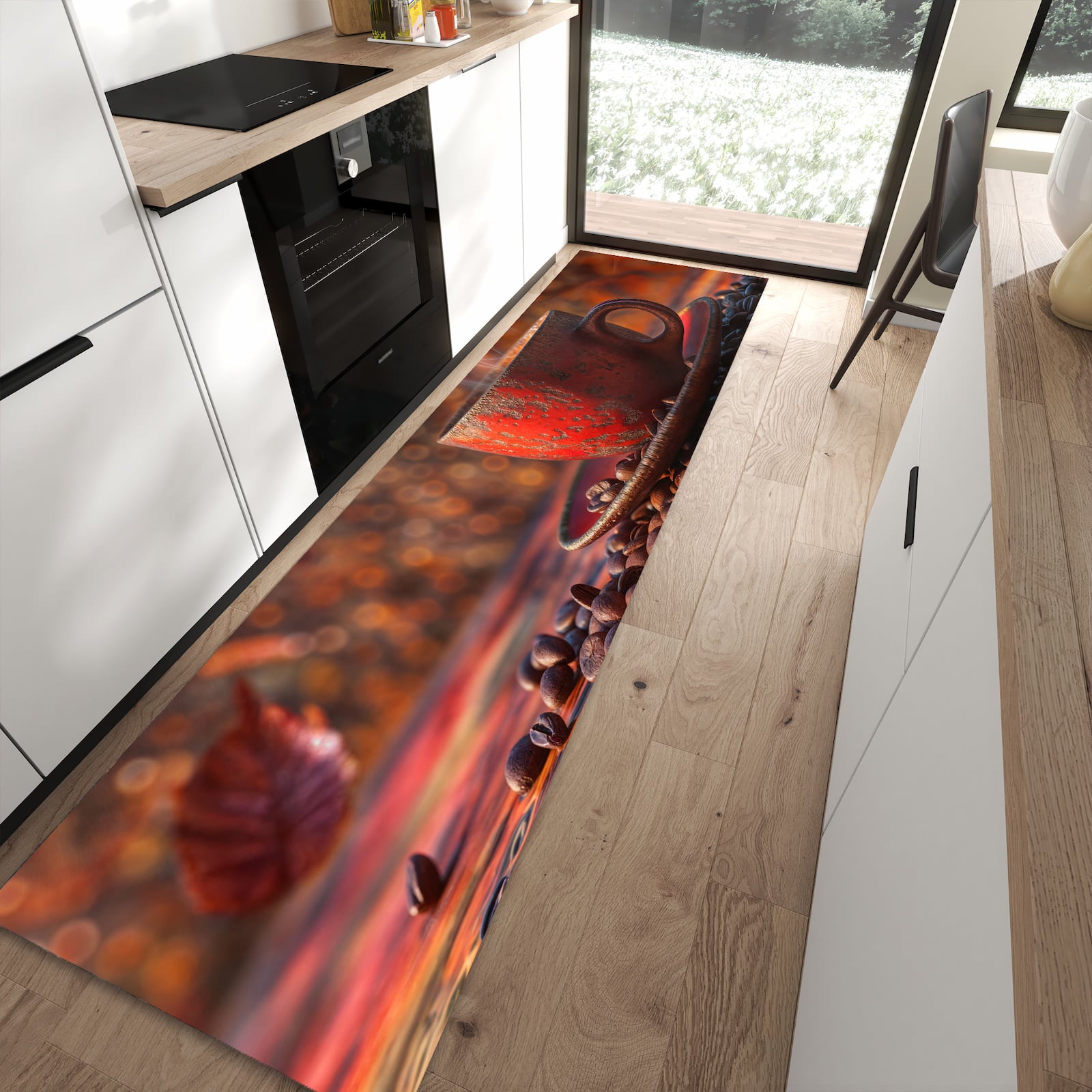 Rutschfester Küchenteppich mit Motiv Kaffeetasse im Herbst für Trittkomfort in moderner Küche