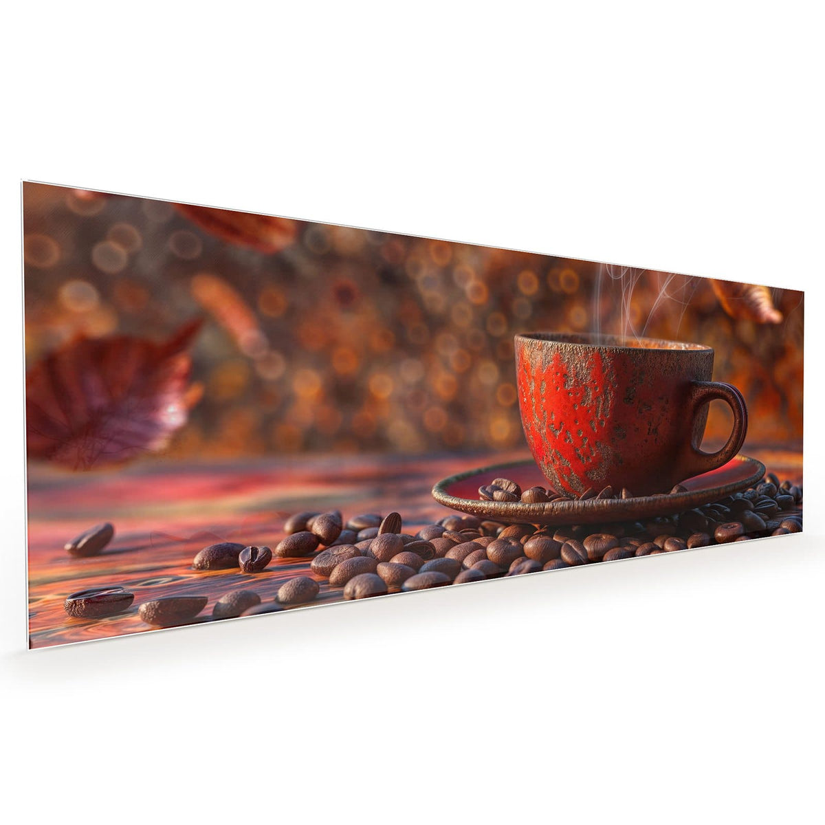 Küchenrückwand aus Glas im Hochformat: Dampfende rote Tasse auf Kaffeebohnen vor warmem orangem Bokeh mit unscharfem Herbstblatt #grösse_40 x 100 cm #grösse_50 x 125 cm #grösse_60 x 150 cm