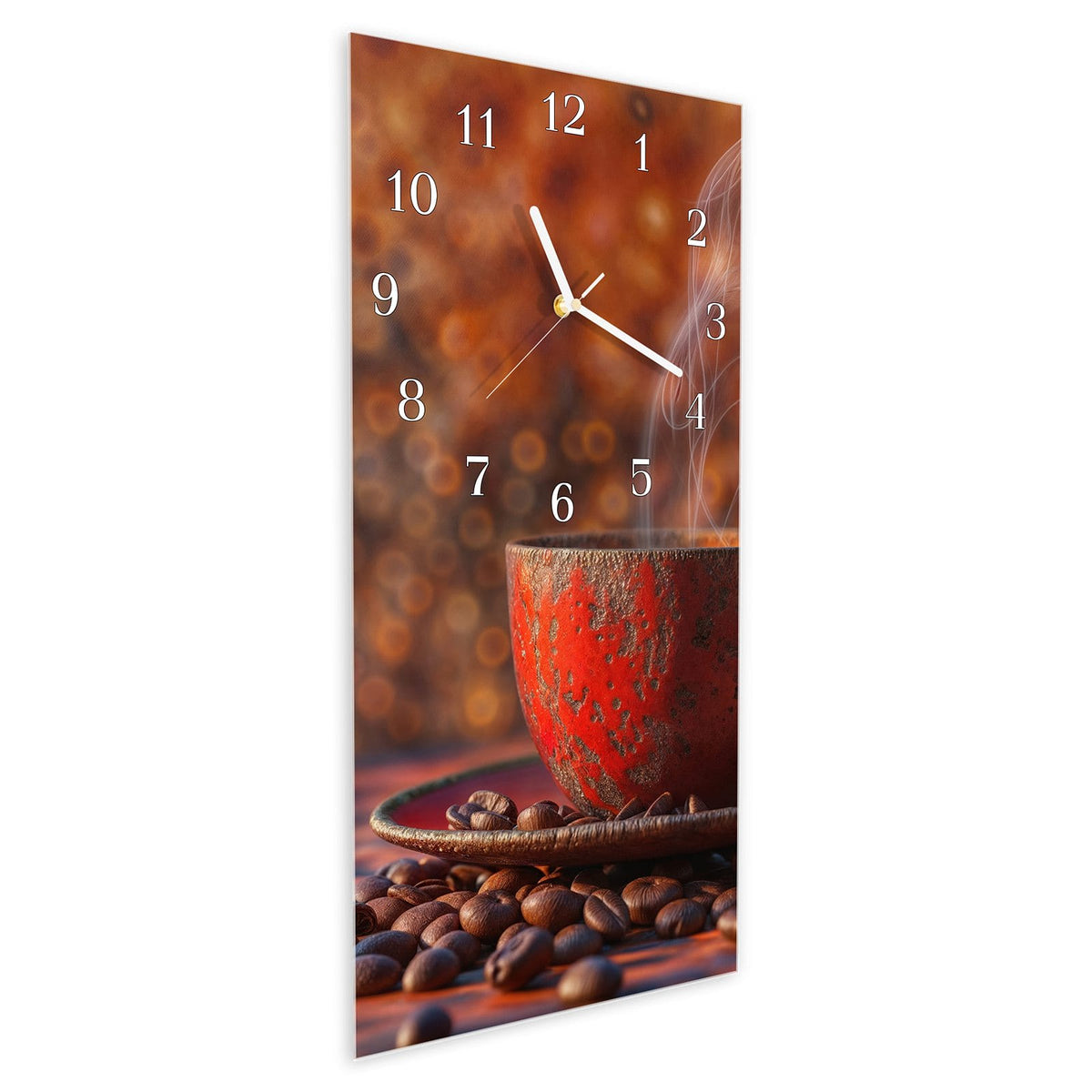 Vormontiert – mit Schwebeeffekt – Wanduhr Kaffeetasse im Herbst aus Glas – Hochformat 30 × 60 cm
