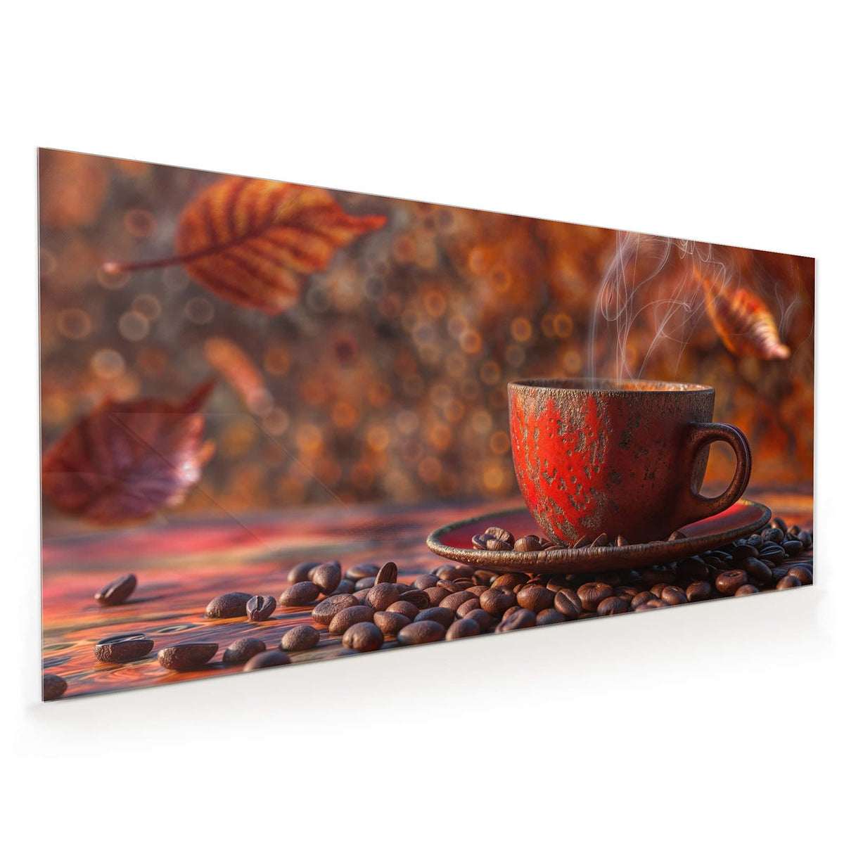 Küchenrückwand aus Glas im Hochformat: Dampfende rote Tasse auf Kaffeebohnen vor warmem orangem Bokeh mit unscharfem Herbstblatt