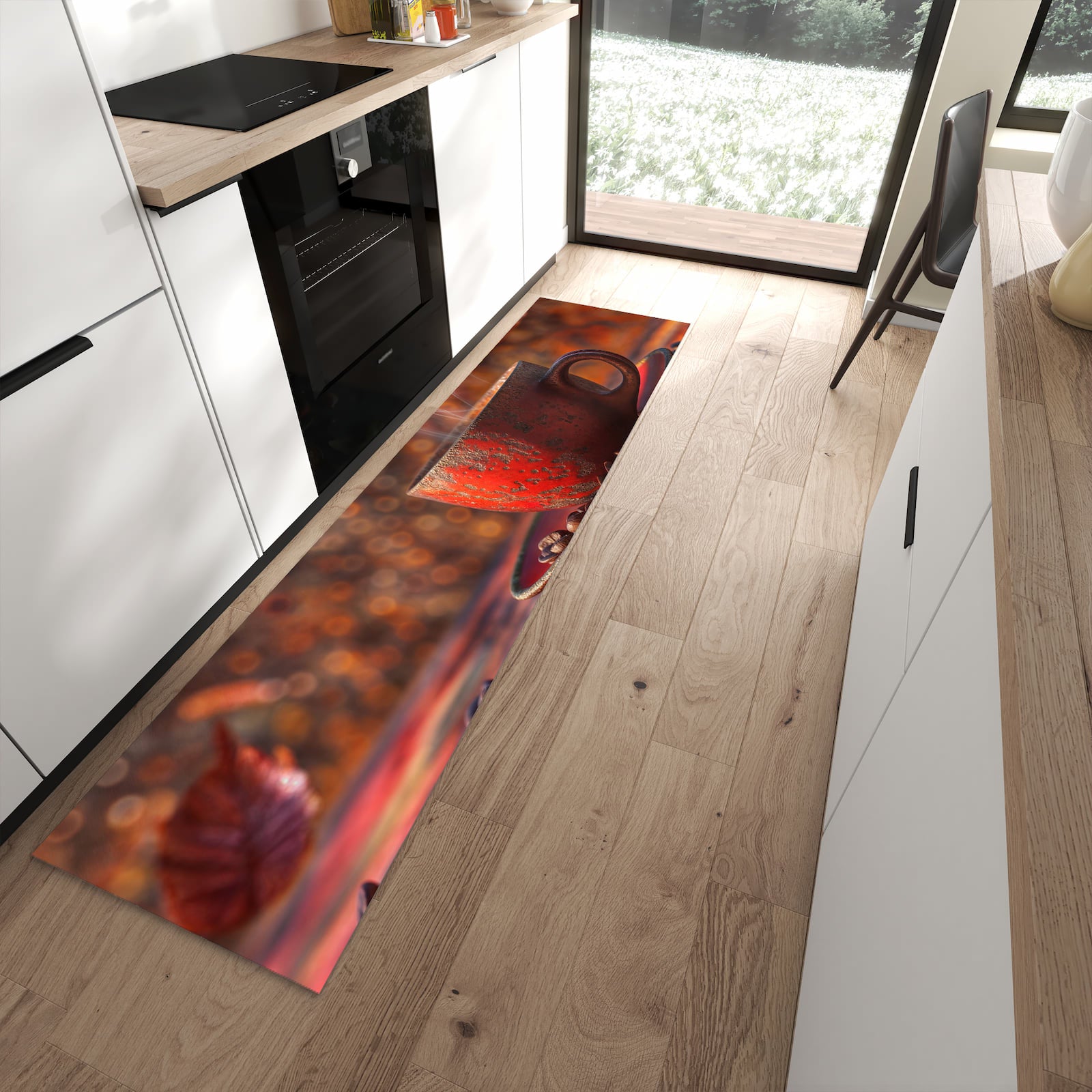 Farbbeständiger Läufer für den Eingangsbereich mit Motiv Kaffeetasse im Herbst in moderner Küche