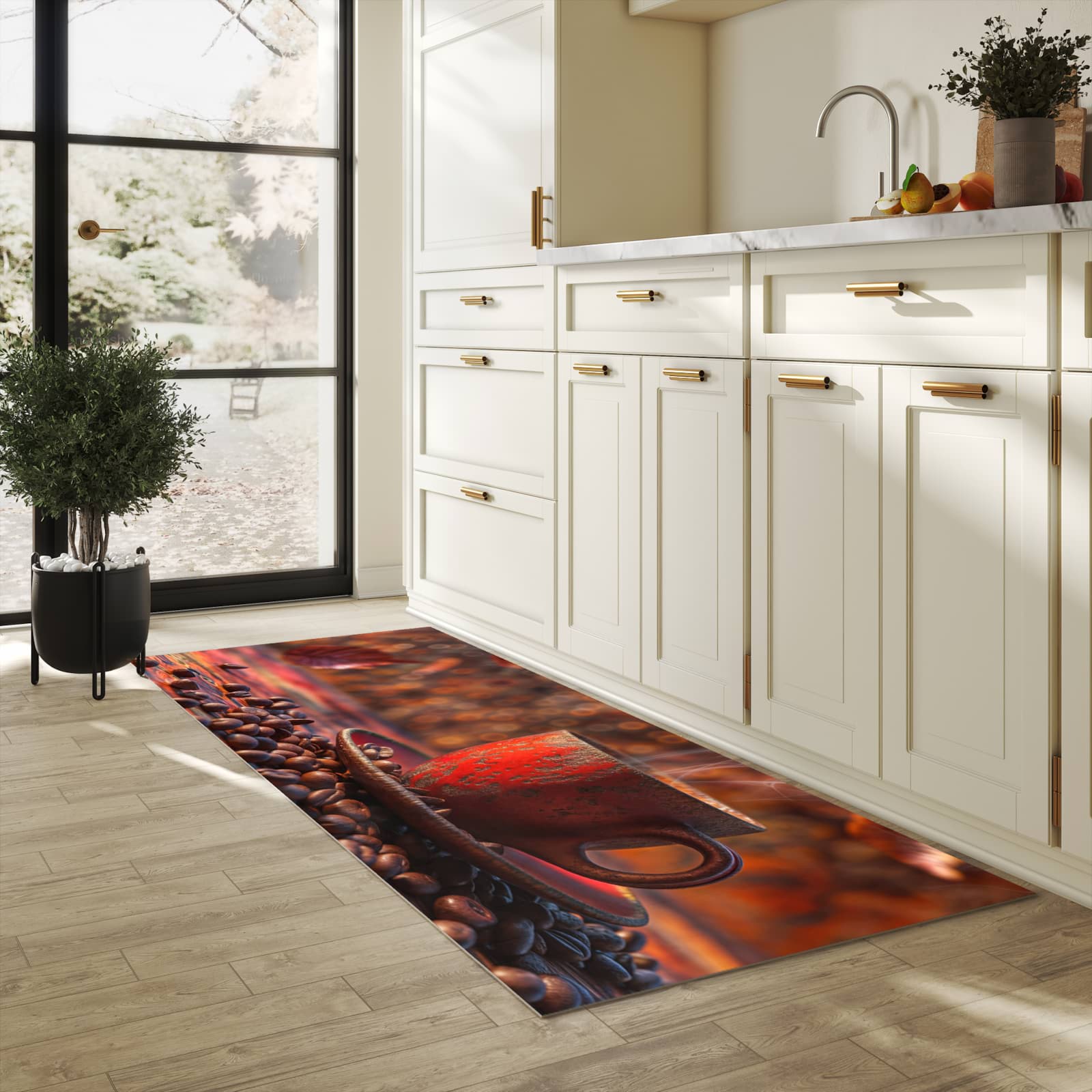 Hygienischer rutschfester Küchenteppich mit Motiv Kaffeetasse im Herbst in heller Küche