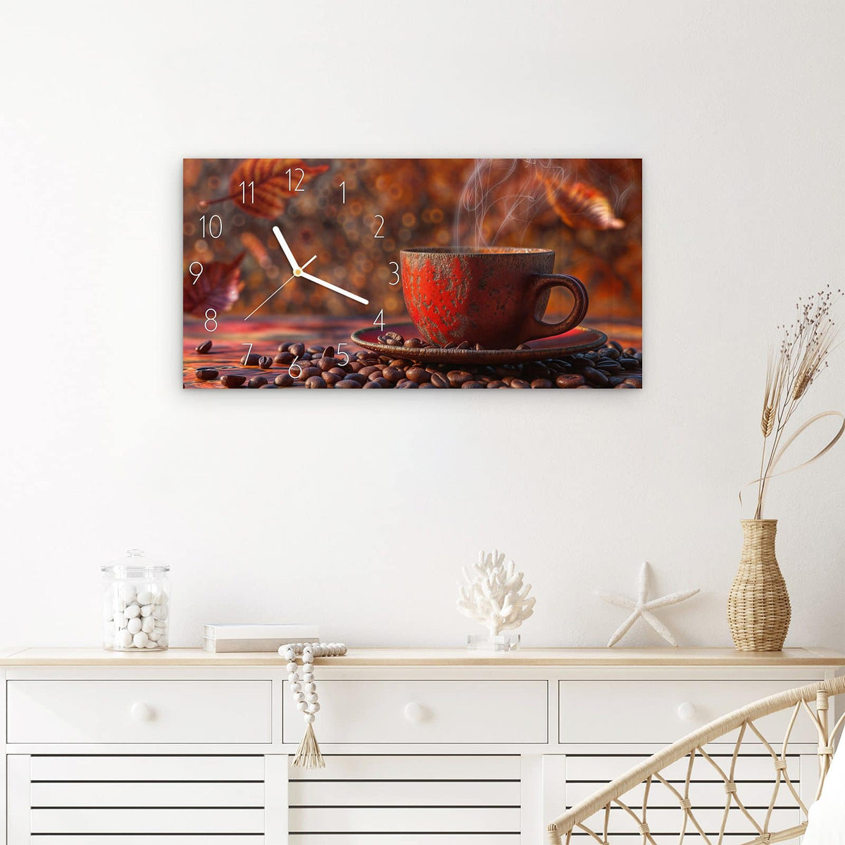 Wanduhr Kaffeetasse im Herbst aus Glas – Querformat 60 × 30 cm – Rote Tasse mit Herbstblättern