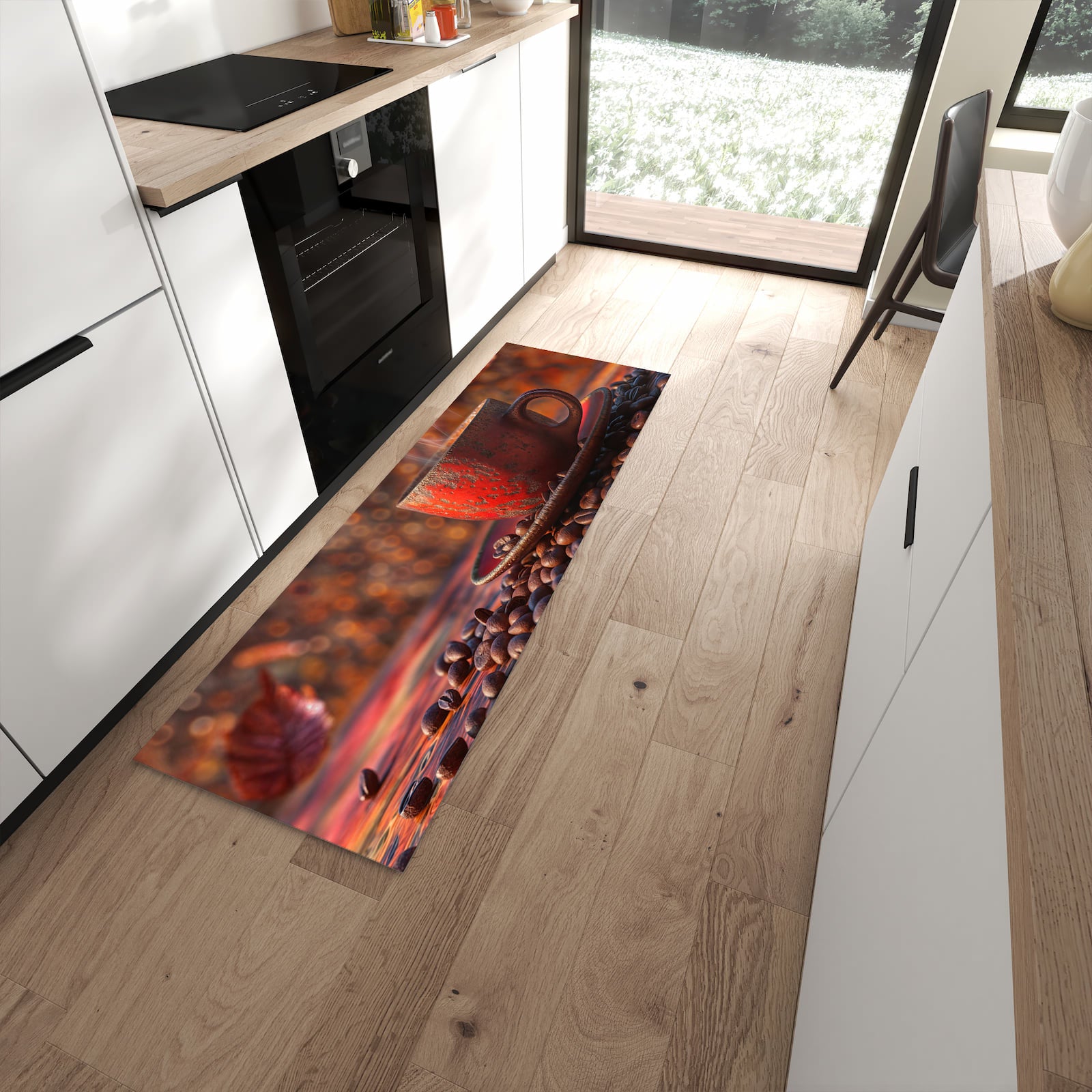 Bodenschonender langer Teppich mit Motiv Kaffeetasse im Herbst in moderner Küche