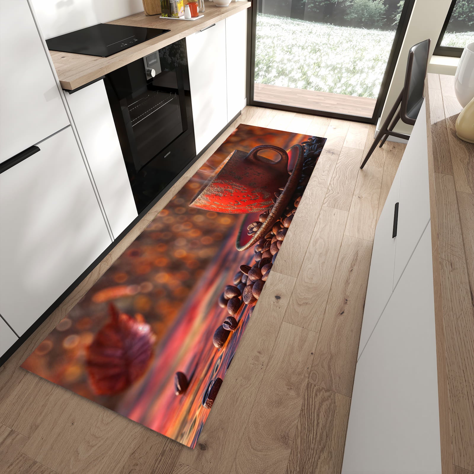 Abriebfester waschbarer Teppich fürs Esszimmer mit Motiv Kaffeetasse im Herbst in moderner Küche