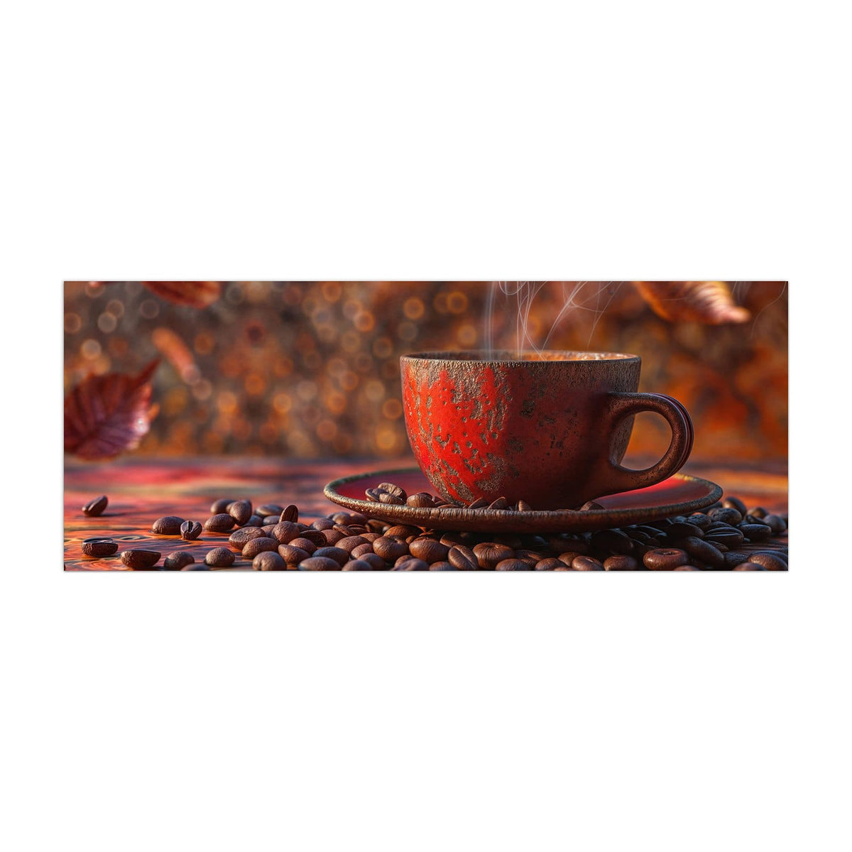 Küchenrückwand aus Glas Kaffeetasse im Herbst im Hochformat, Motiv bildfüllend von vorn