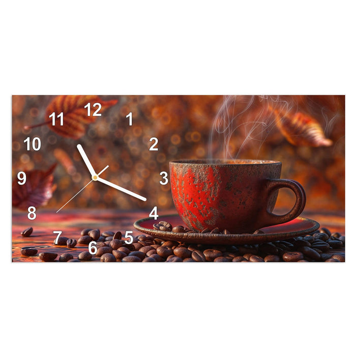 Wanduhr Kaffeetasse im Herbst aus Glas – Querformat 60 × 30 cm mit Ziffernblatt Modern