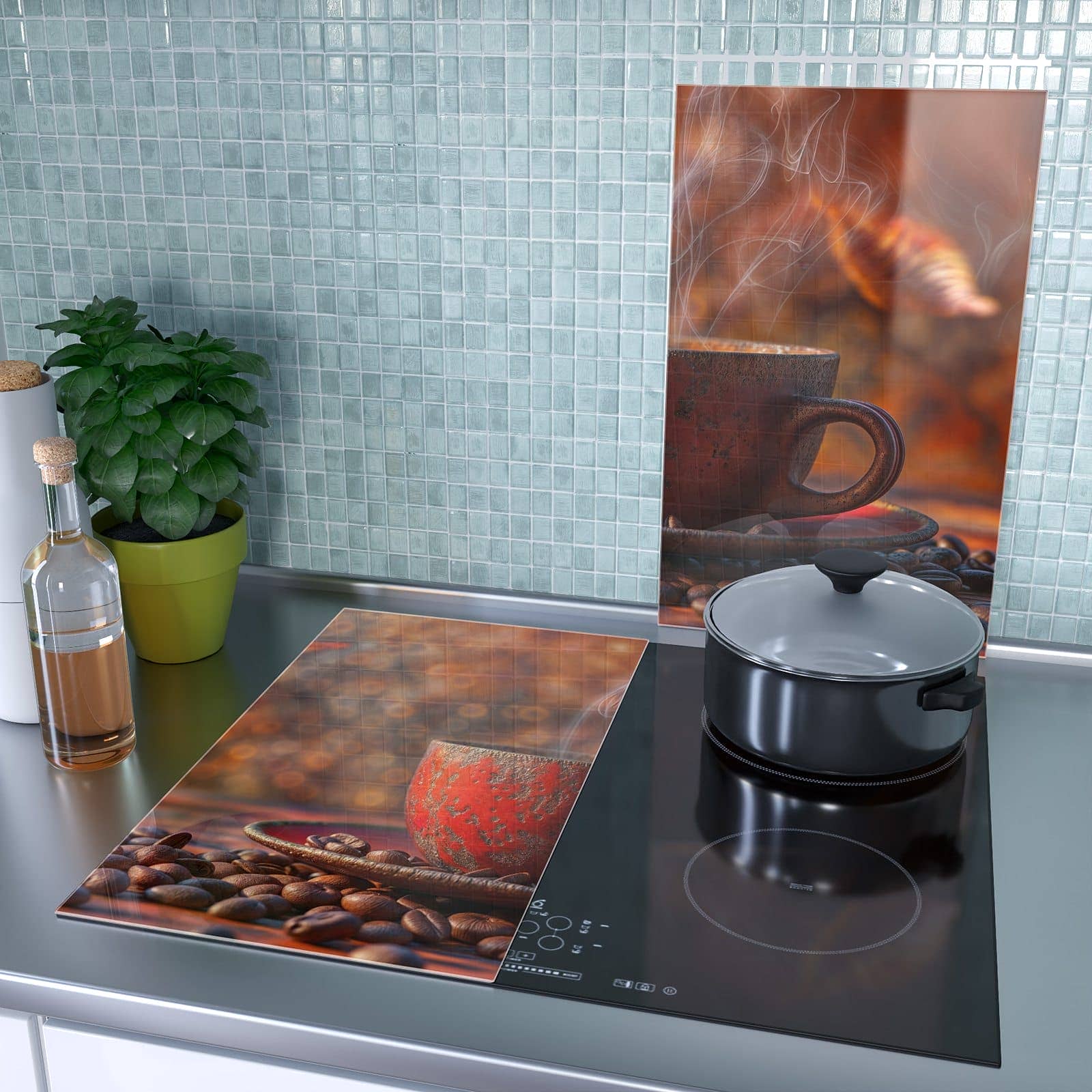 2-teilige Herdabdeckplatten für Ceranfeld mit Kaffeetasse im Herbst-Motiv als Spritzschutz hinter dem Kochfeld