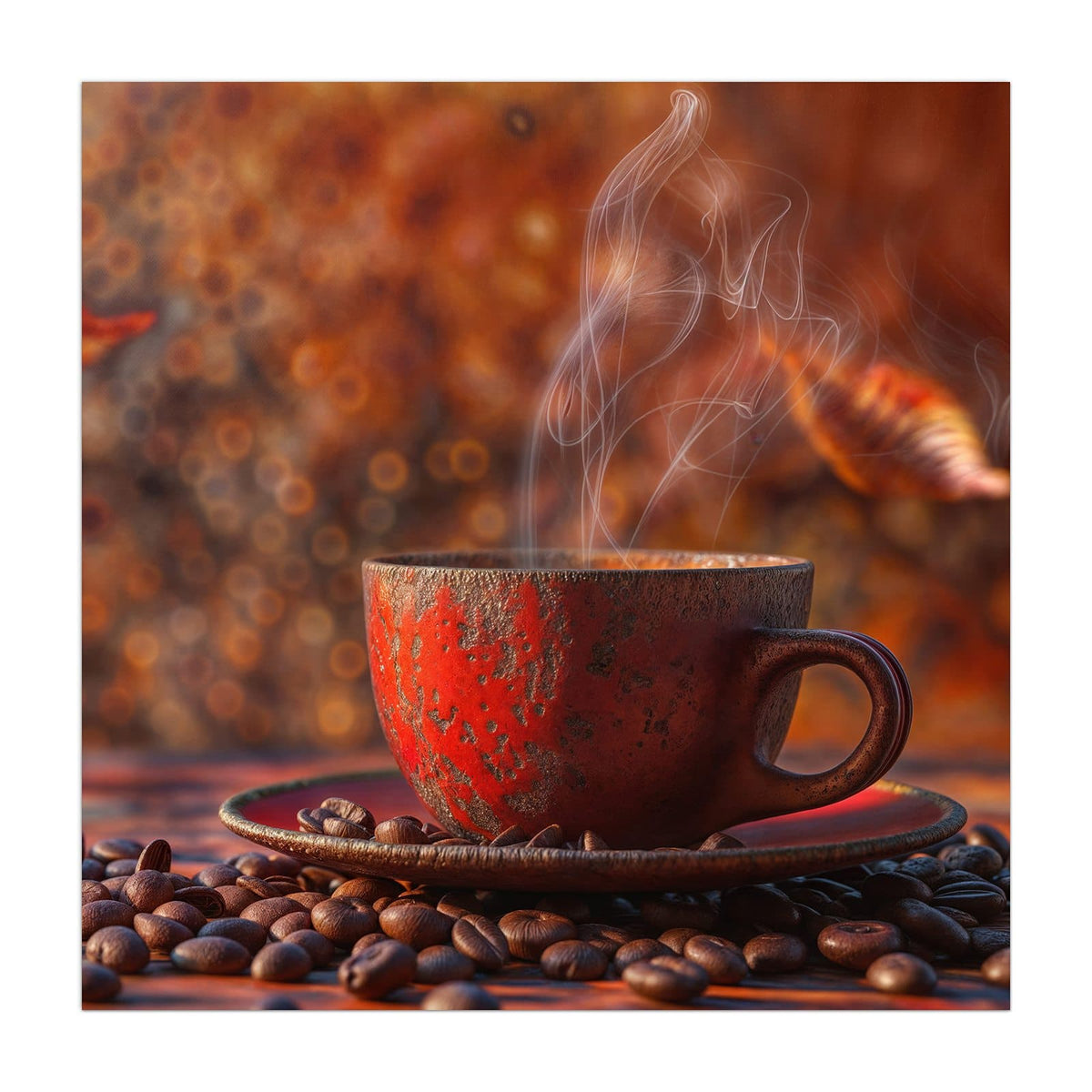 Küchenrückwand aus Glas Kaffeetasse im Herbst im quadratischen Format, Motiv bildfüllend von vorn