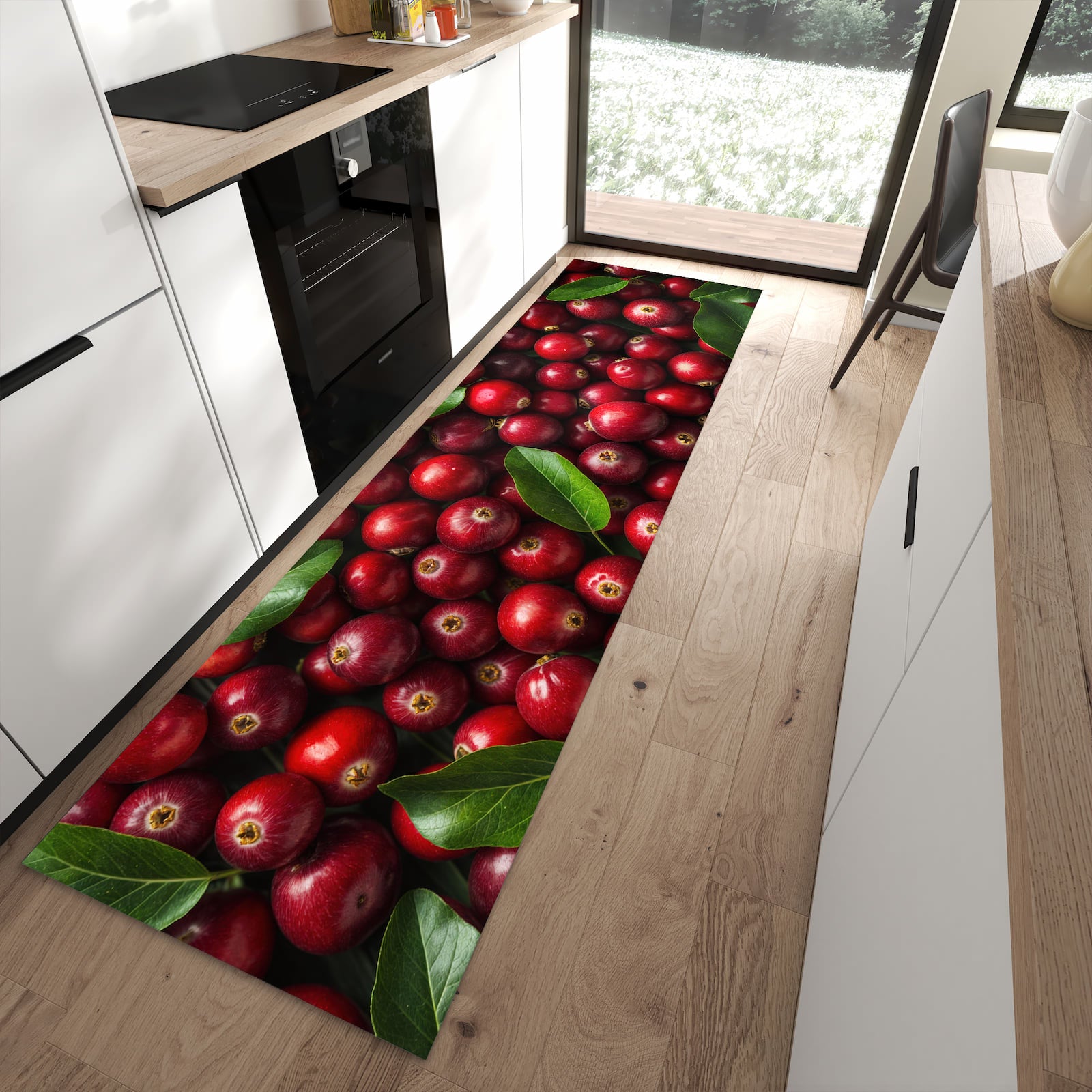 Waschbarer Küchenteppich mit Motiv Frische Preiselbeeren in moderner Küche