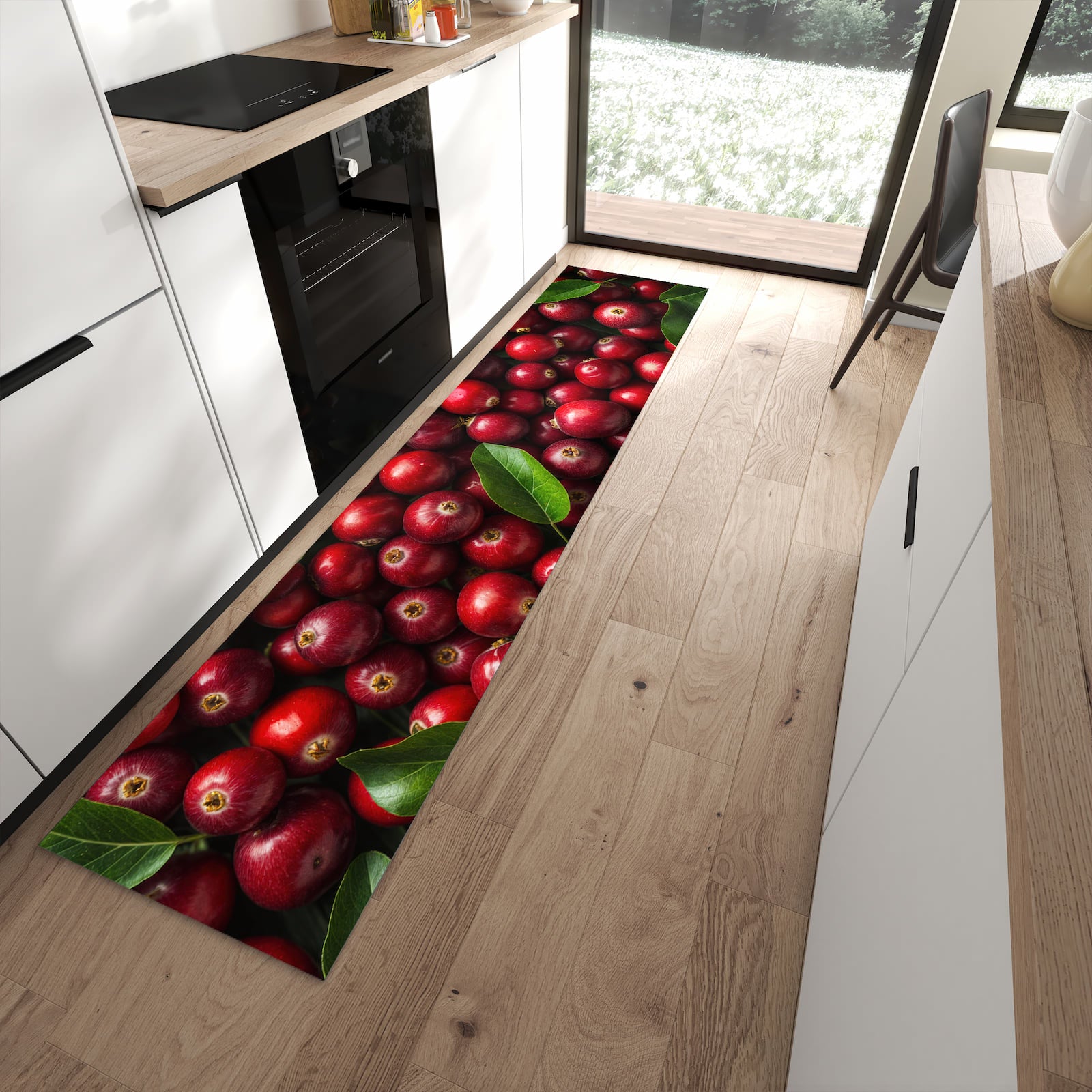 Rutschfester Küchenläufer mit Motiv Frische Preiselbeeren in moderner Küche