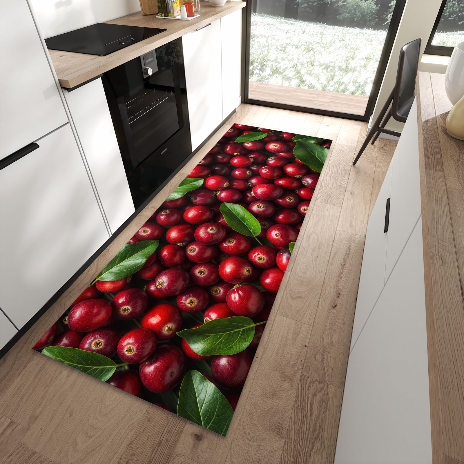 Feuchtigkeitsresistenter Teppichläufer mit Motiv Frische Preiselbeeren in moderner Küche