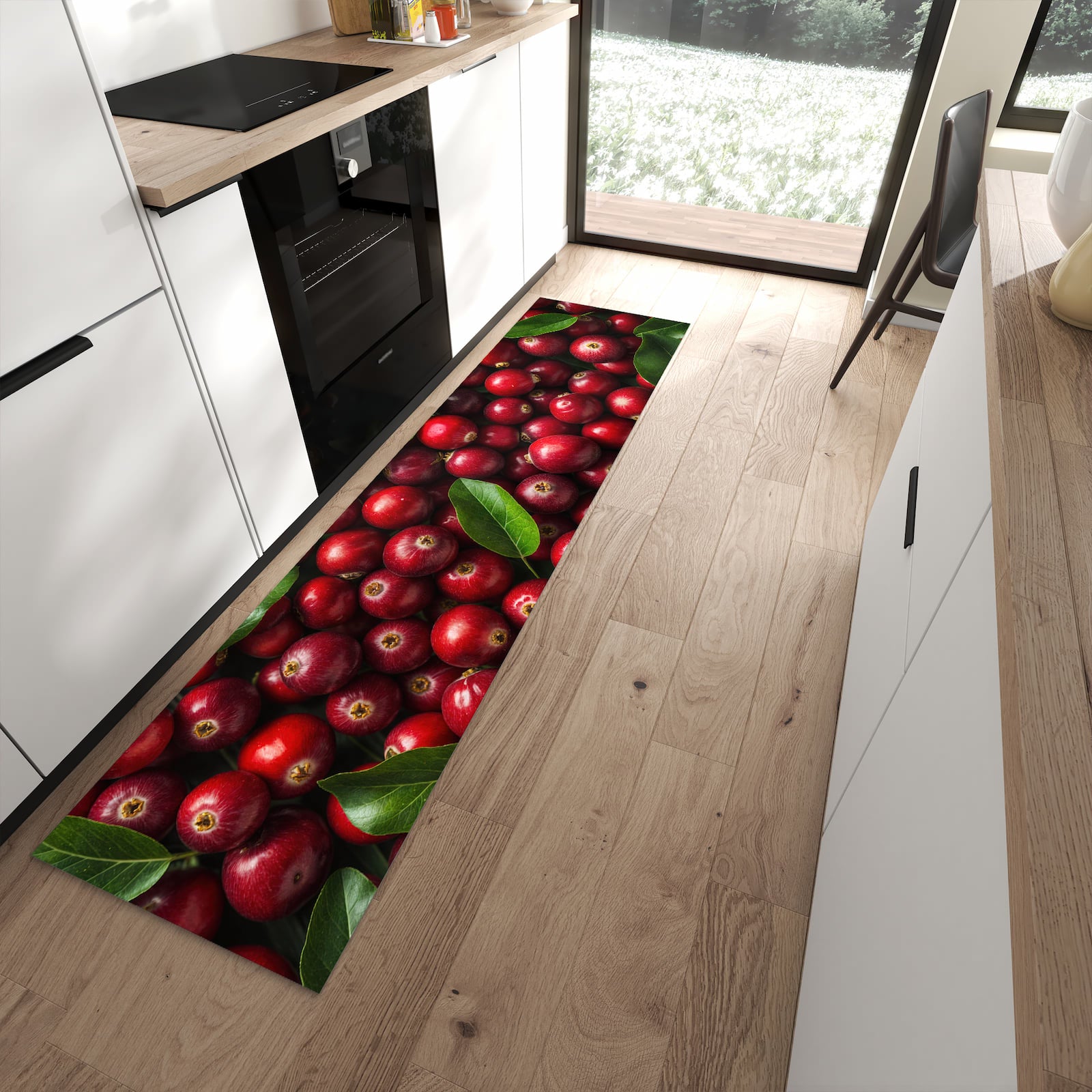 Komfortabler Küchenteppich mit Motiv Frische Preiselbeeren in moderner Küche