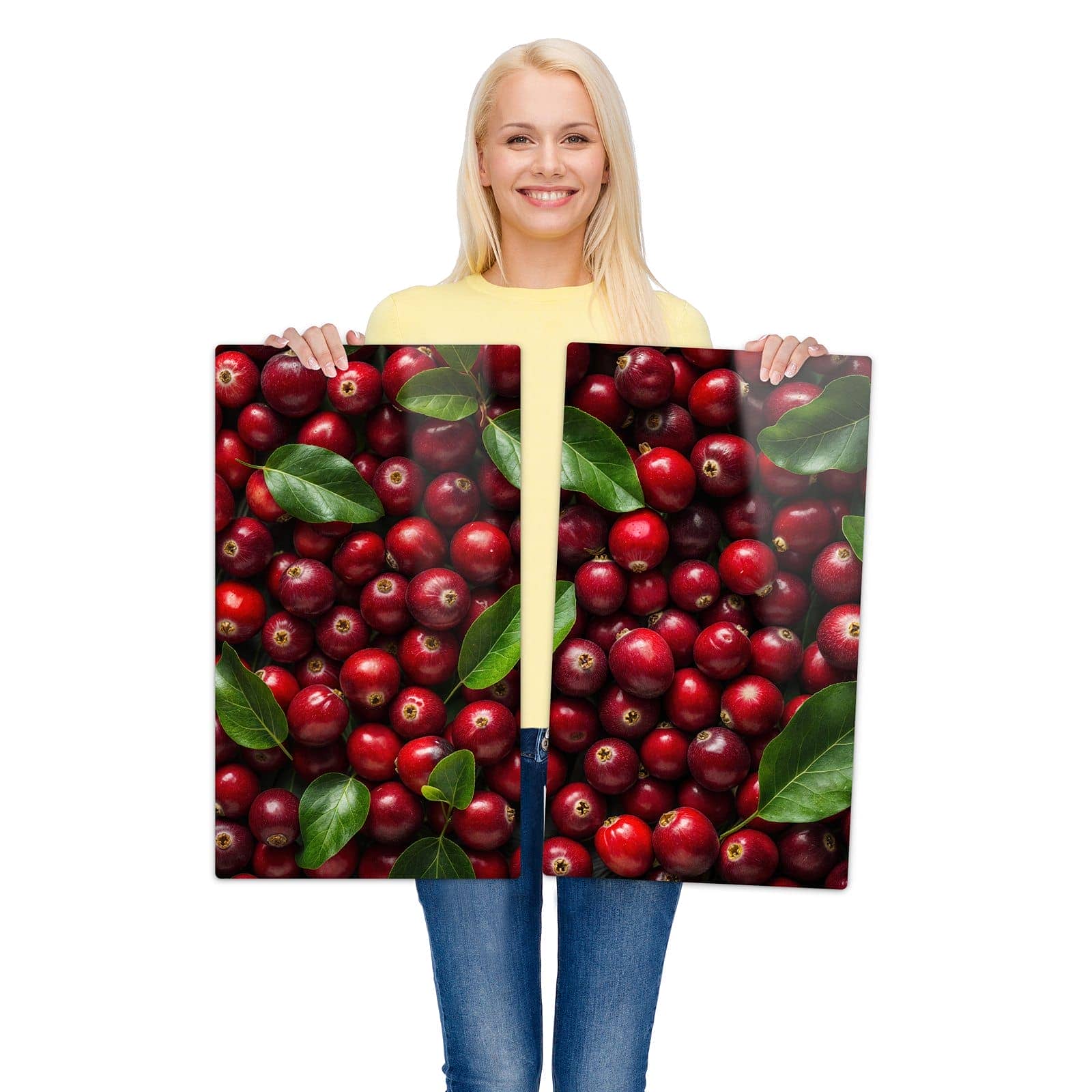 2-teilige Glasplatte für Herd mit Frische Preiselbeeren-Motiv wird zur Größendarstellung gehalten