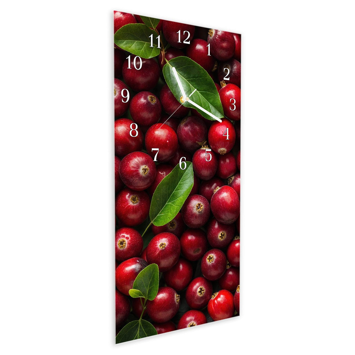 Vormontiert – mit Schwebeeffekt – Wanduhr Frische Preiselbeeren aus Glas – Hochformat 30 × 60 cm