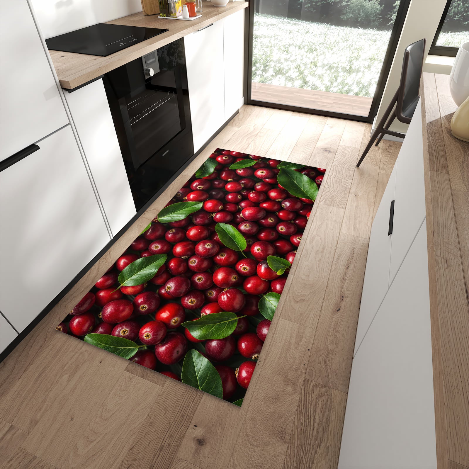 Rutschfester Küchenläufer mit Motiv Frische Preiselbeeren in moderner Küche