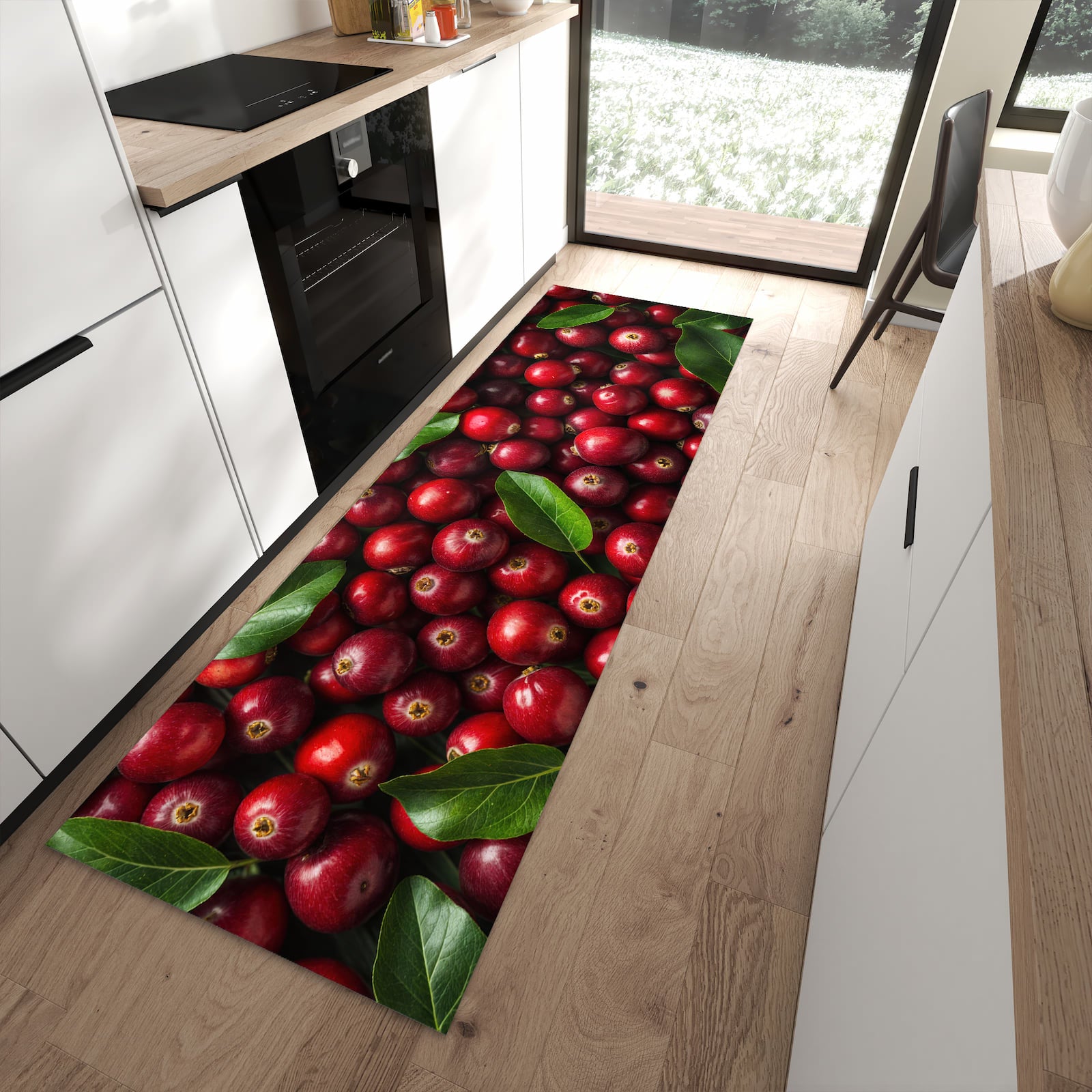 Strapazierfähiger Küchenvorleger mit Motiv Frische Preiselbeeren in moderner Küche