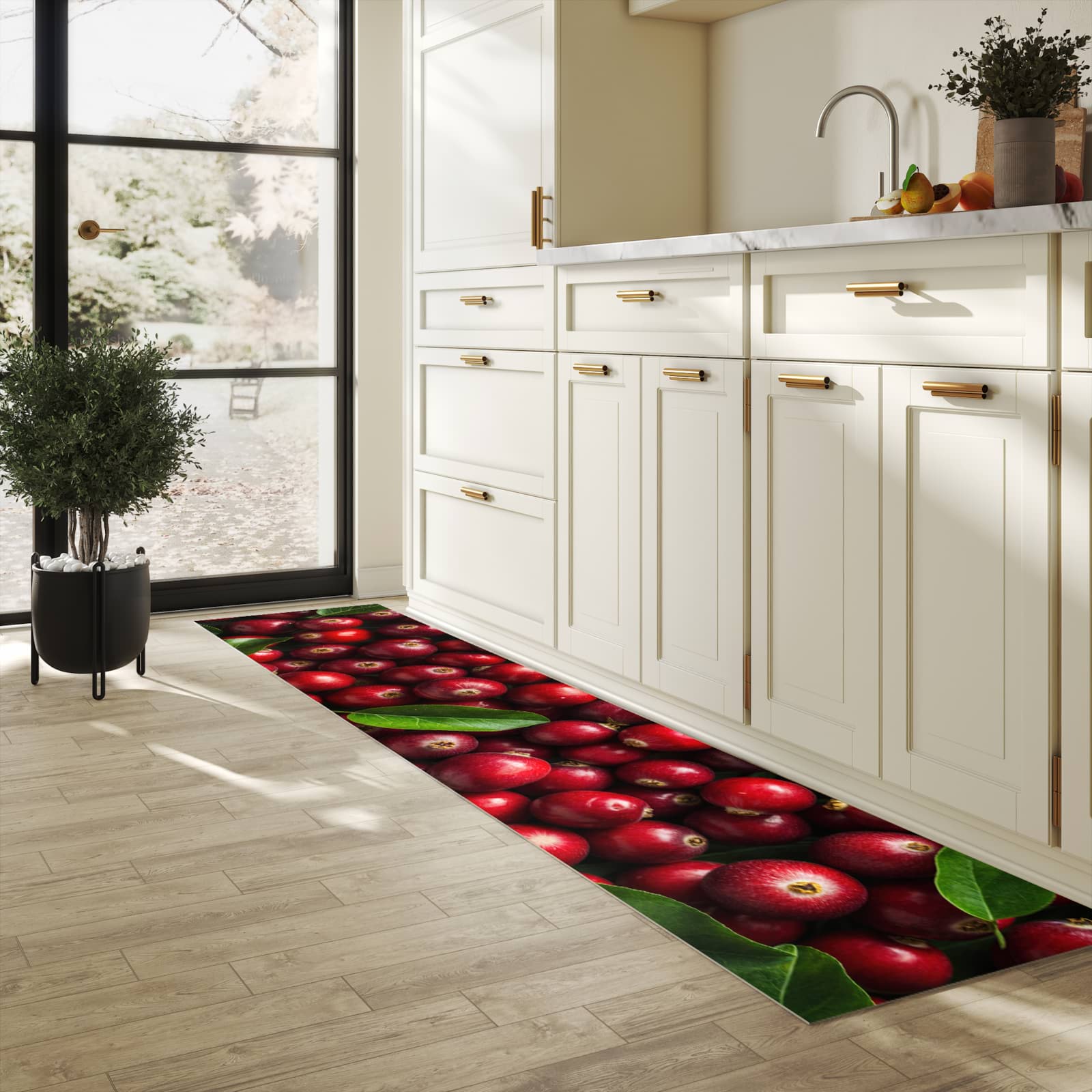 Bodenschonender Küchenteppich mit Motiv Frische Preiselbeeren in heller Küche