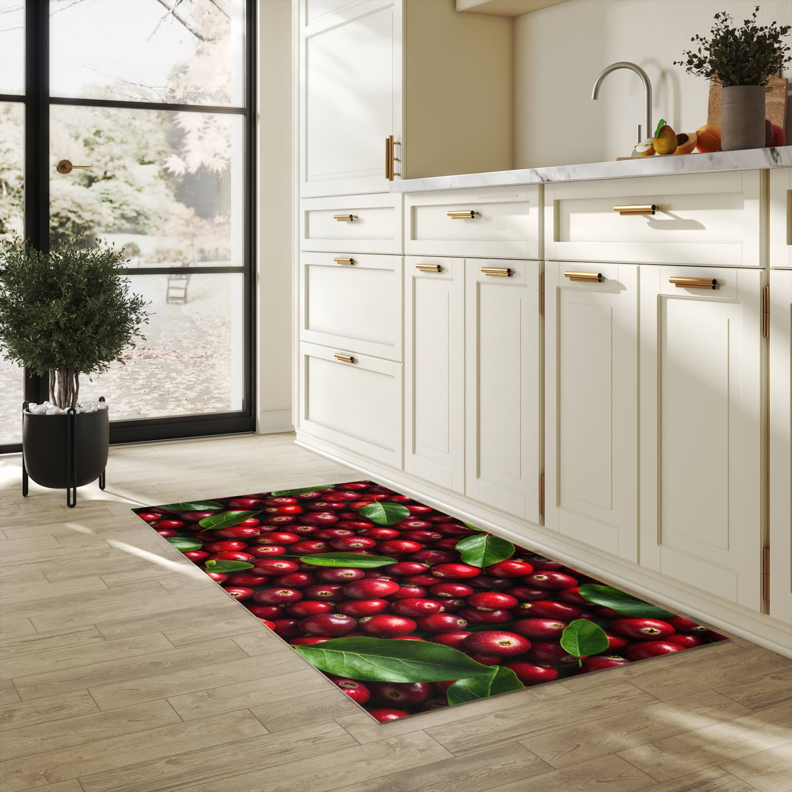 Abriebfester waschbarer Teppich Küche mit Motiv Frische Preiselbeeren in heller Küche