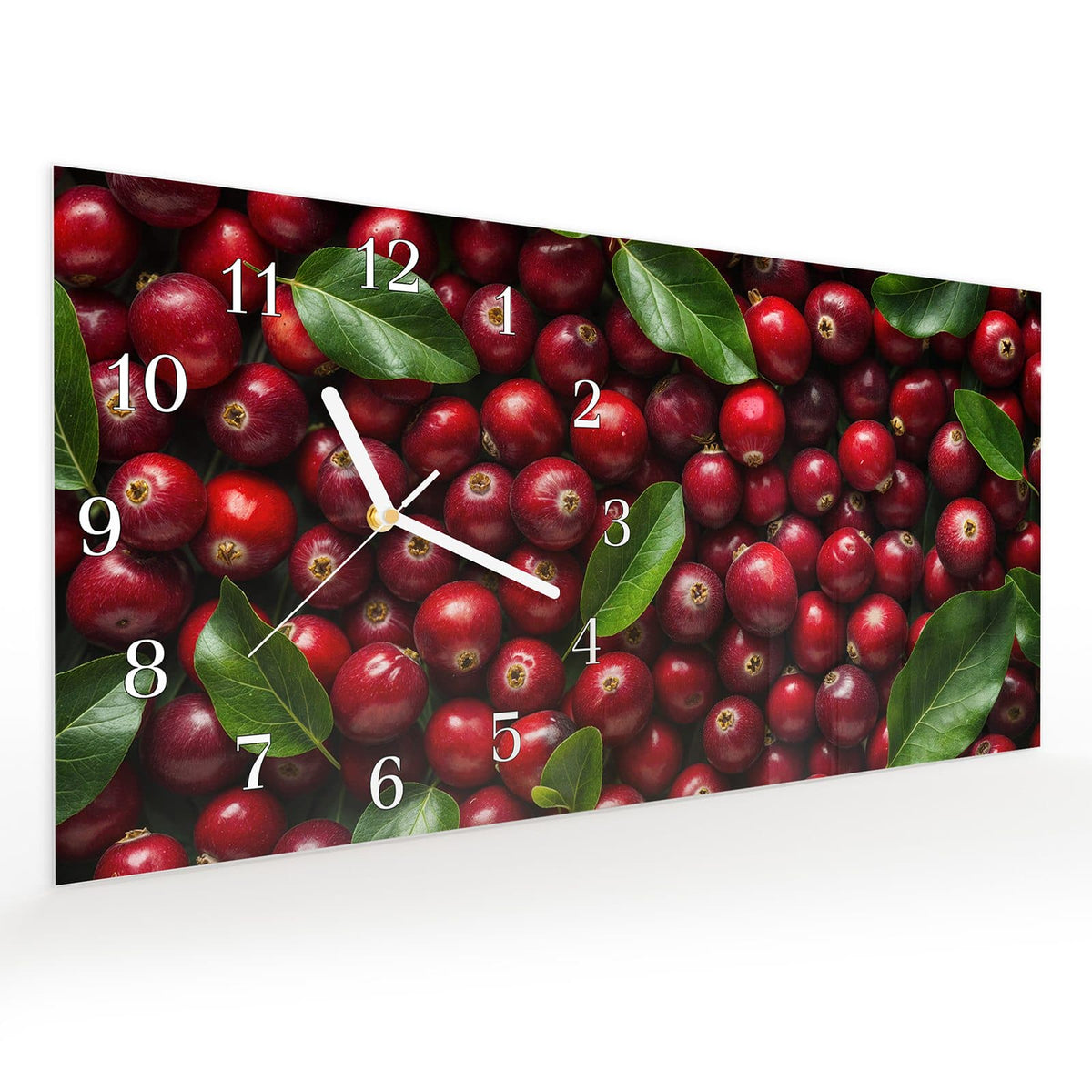 Vormontiert – mit Schwebeeffekt – Wanduhr Frische Preiselbeeren aus Glas – Querformat 60 × 30 cm