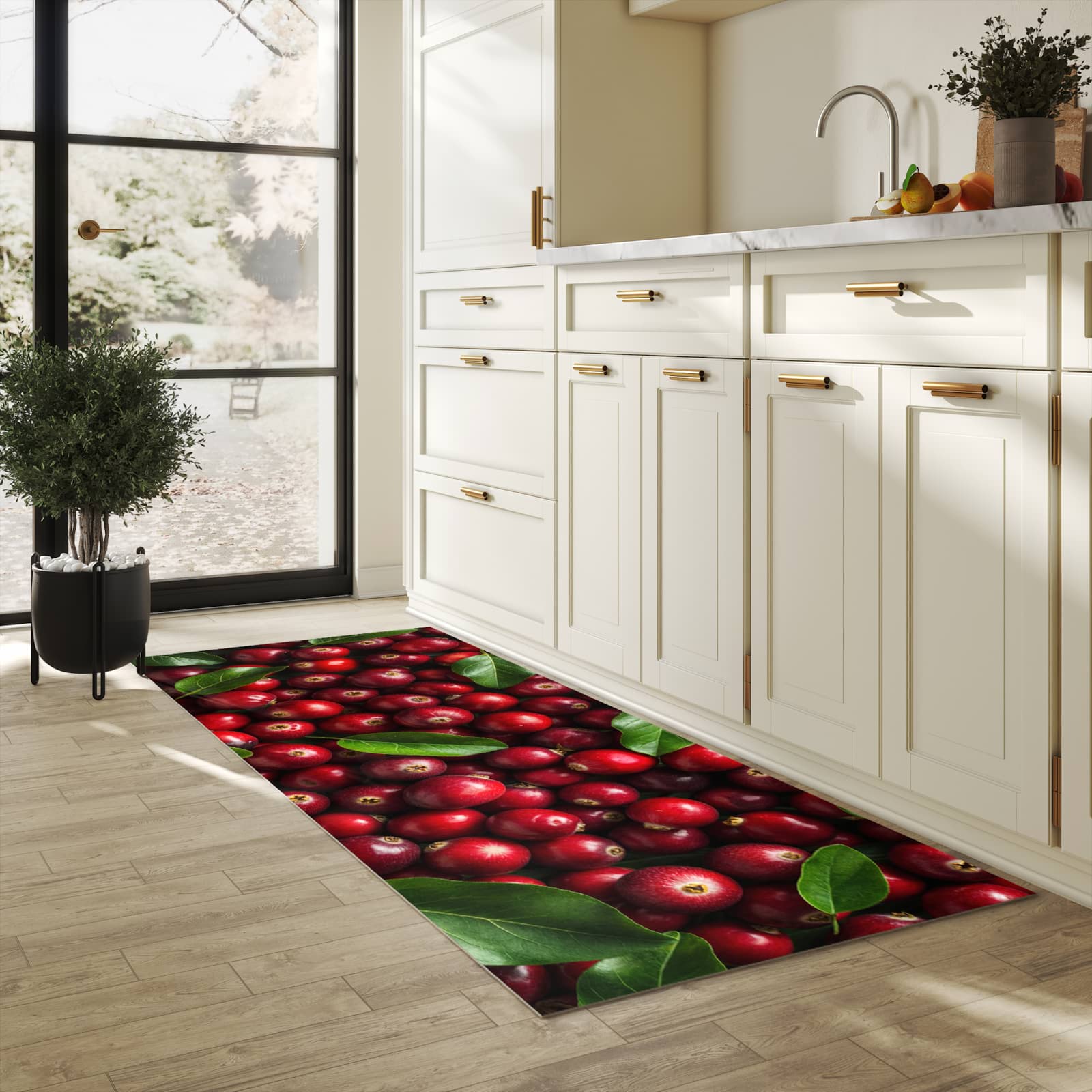 UV-beständiger Küchenläufer mit Motiv Frische Preiselbeeren in heller Küche