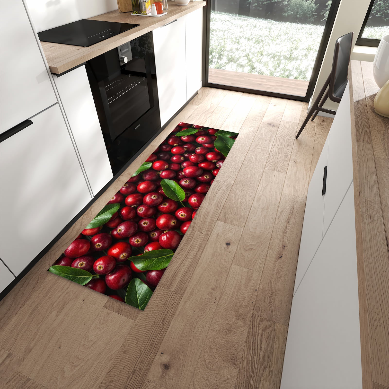 Pflegeleichter Küchenteppich mit Motiv Frische Preiselbeeren in moderner Küche