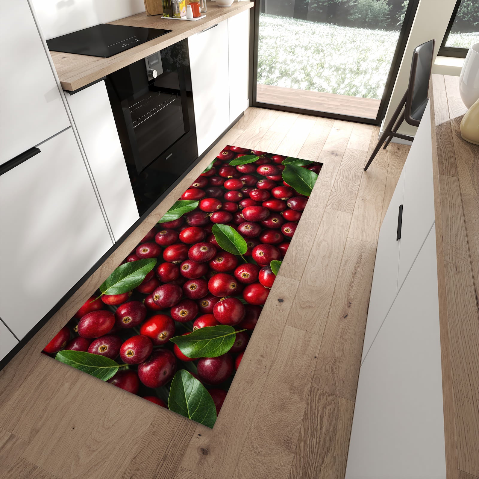 Hygienischer Küchenteppich mit Motiv Frische Preiselbeeren in moderner Küche