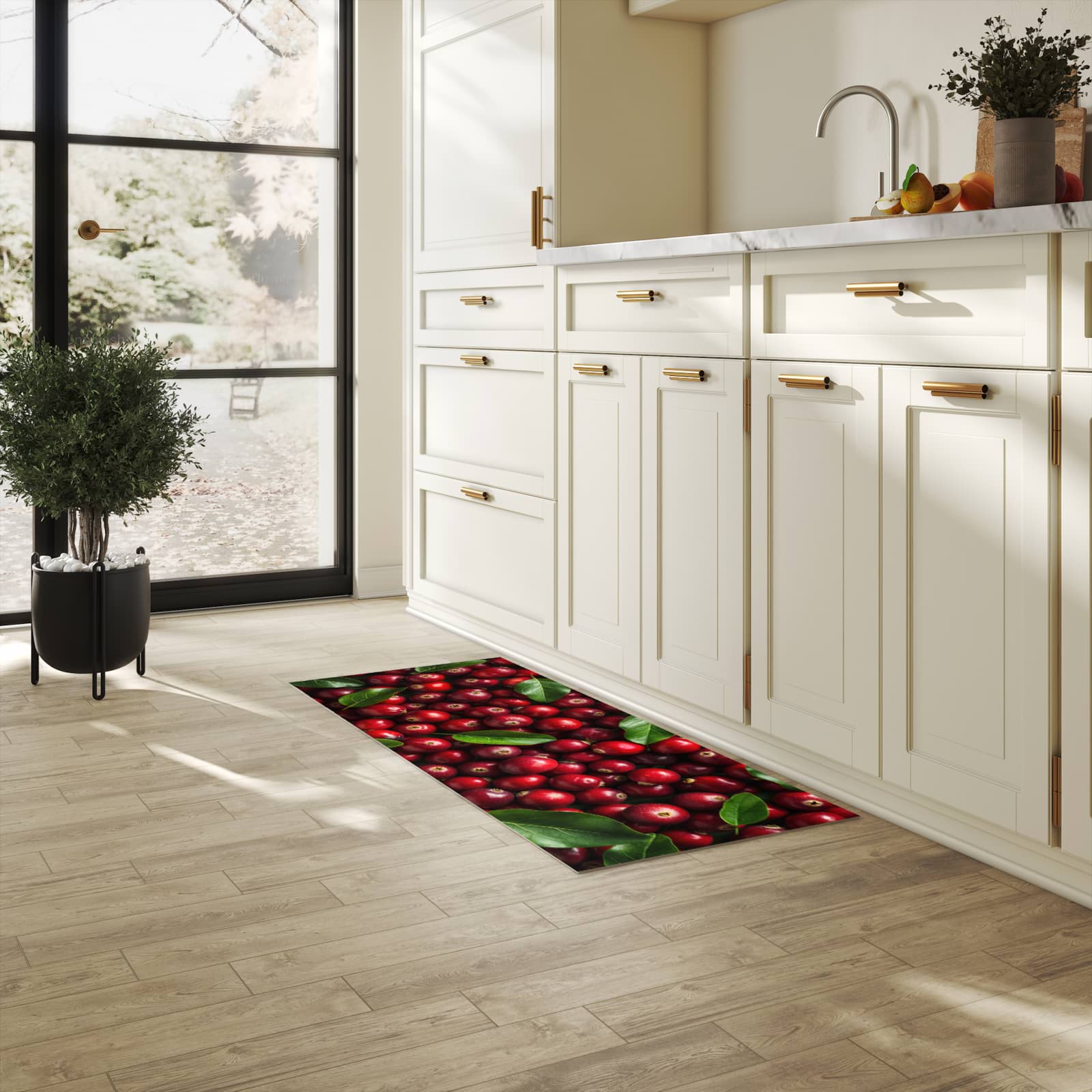Rutschfester Küchenteppich mit Motiv Frische Preiselbeeren in heller Küche