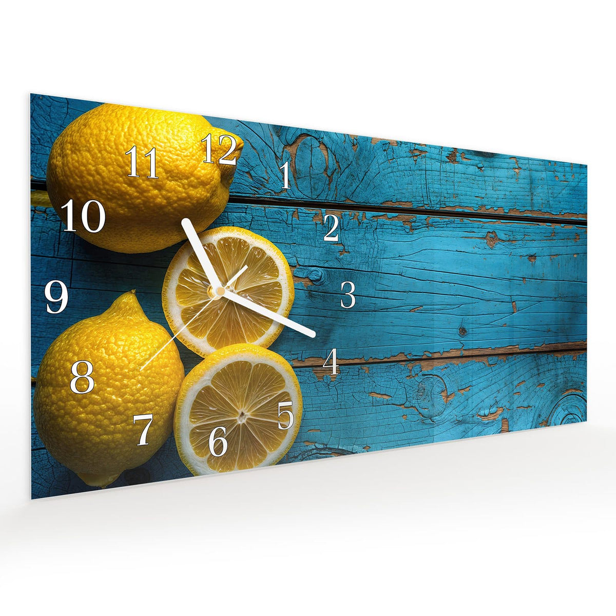 Vormontiert – mit Schwebeeffekt – Wanduhr Zitronen auf Holz aus Glas – Querformat 60 × 30 cm
