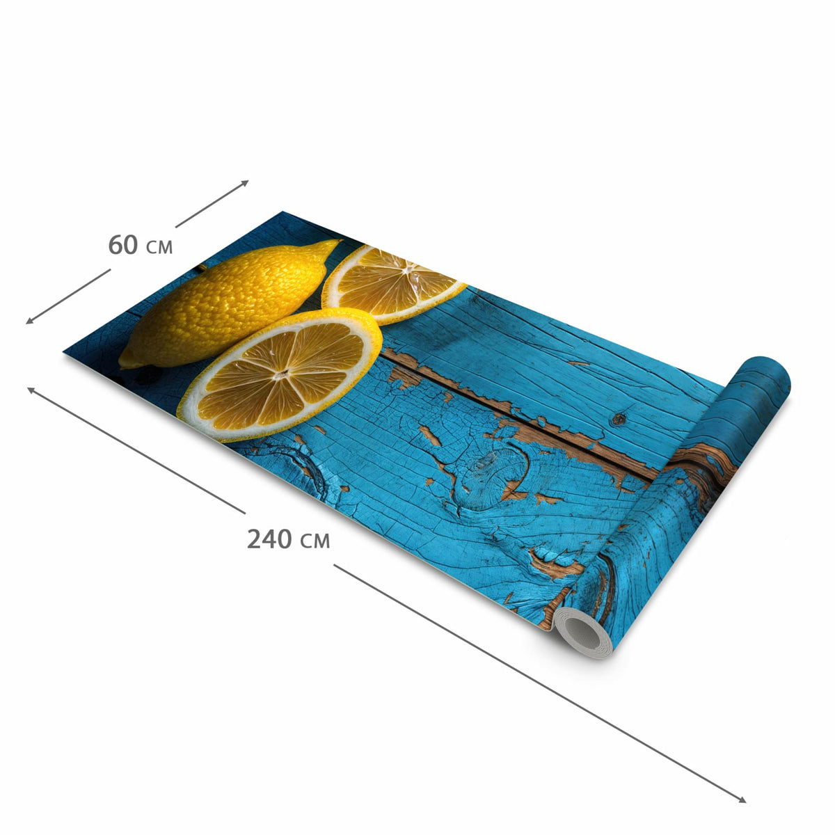 Formstabiler waschbarer Küchenteppich mit Motiv Zitronen auf Holz in der Grösse 60x300 cm