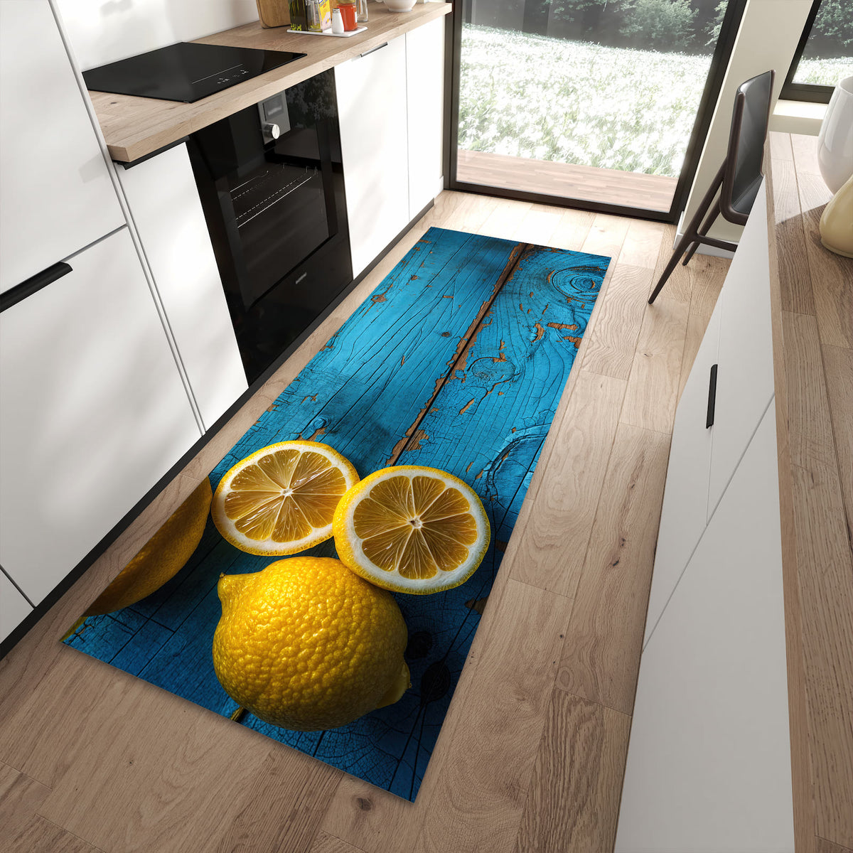Geruchsneutraler Küchenteppich mit Motiv Zitronen auf Holz in moderner Küche