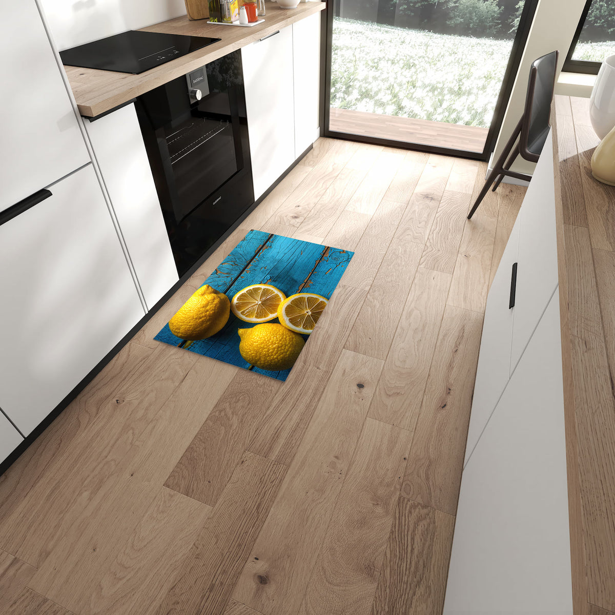 Abriebfester moderner Küchenläufer mit Motiv Zitronen auf Holz in moderner Küche