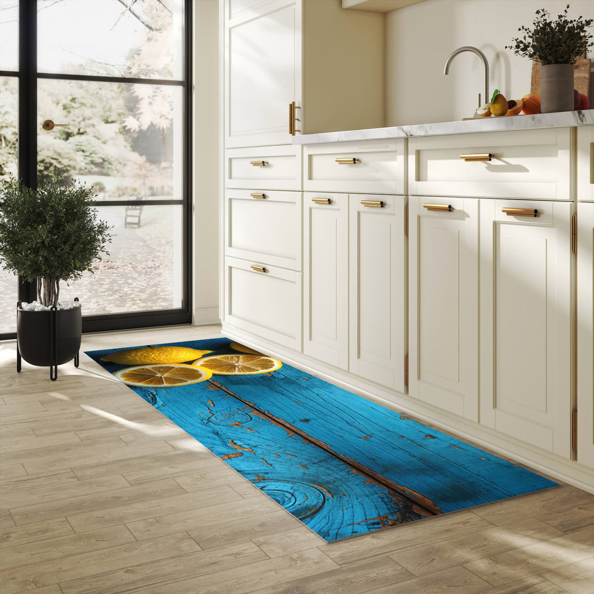 Pflegeleichter moderner Küchenläufer mit Motiv Zitronen auf Holz in heller Küche