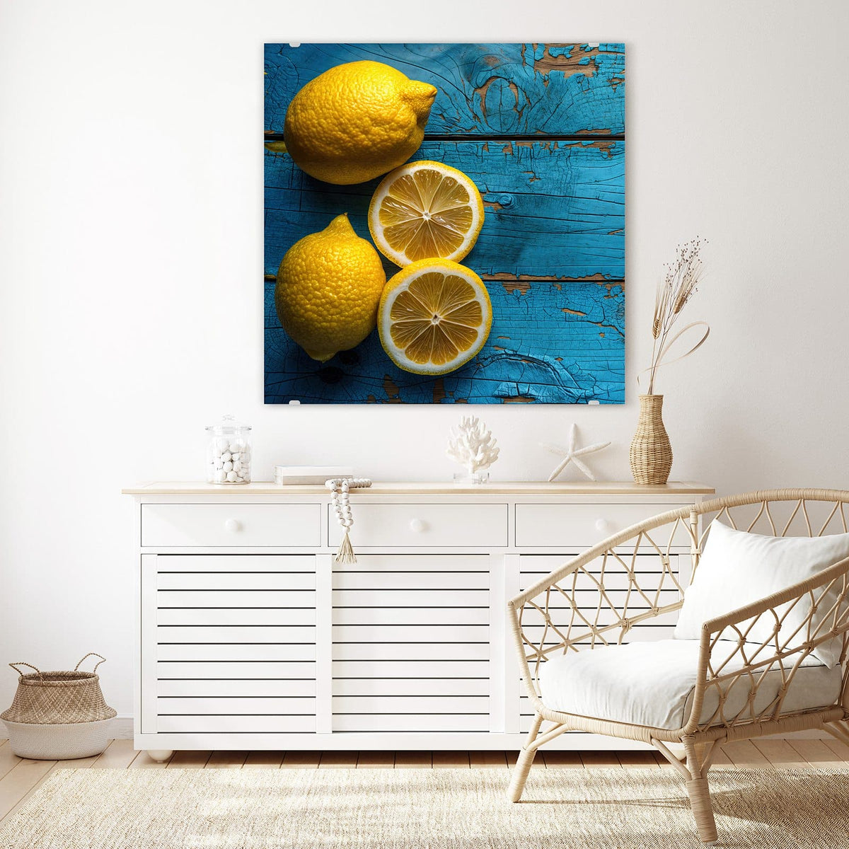 Echtglas, 4 mm – kein Acryl, keine Folie – Wandbild - Zitronen auf Holz - Quadratisch