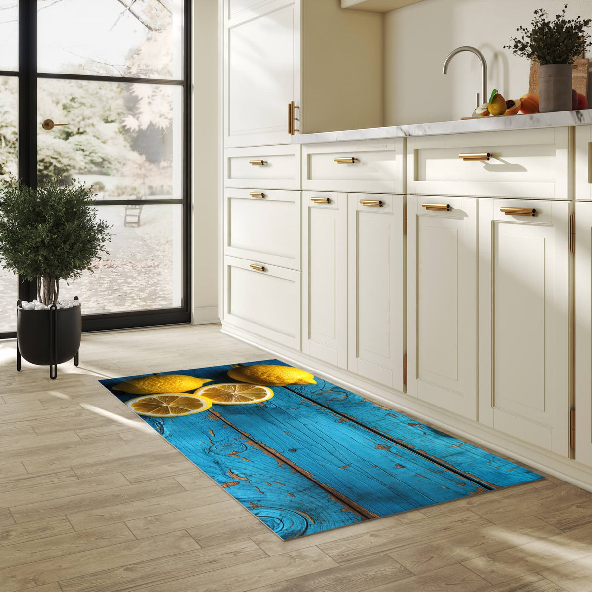 Strapazierfähiger Küchenteppich mit Motiv Zitronen auf Holz in heller Küche