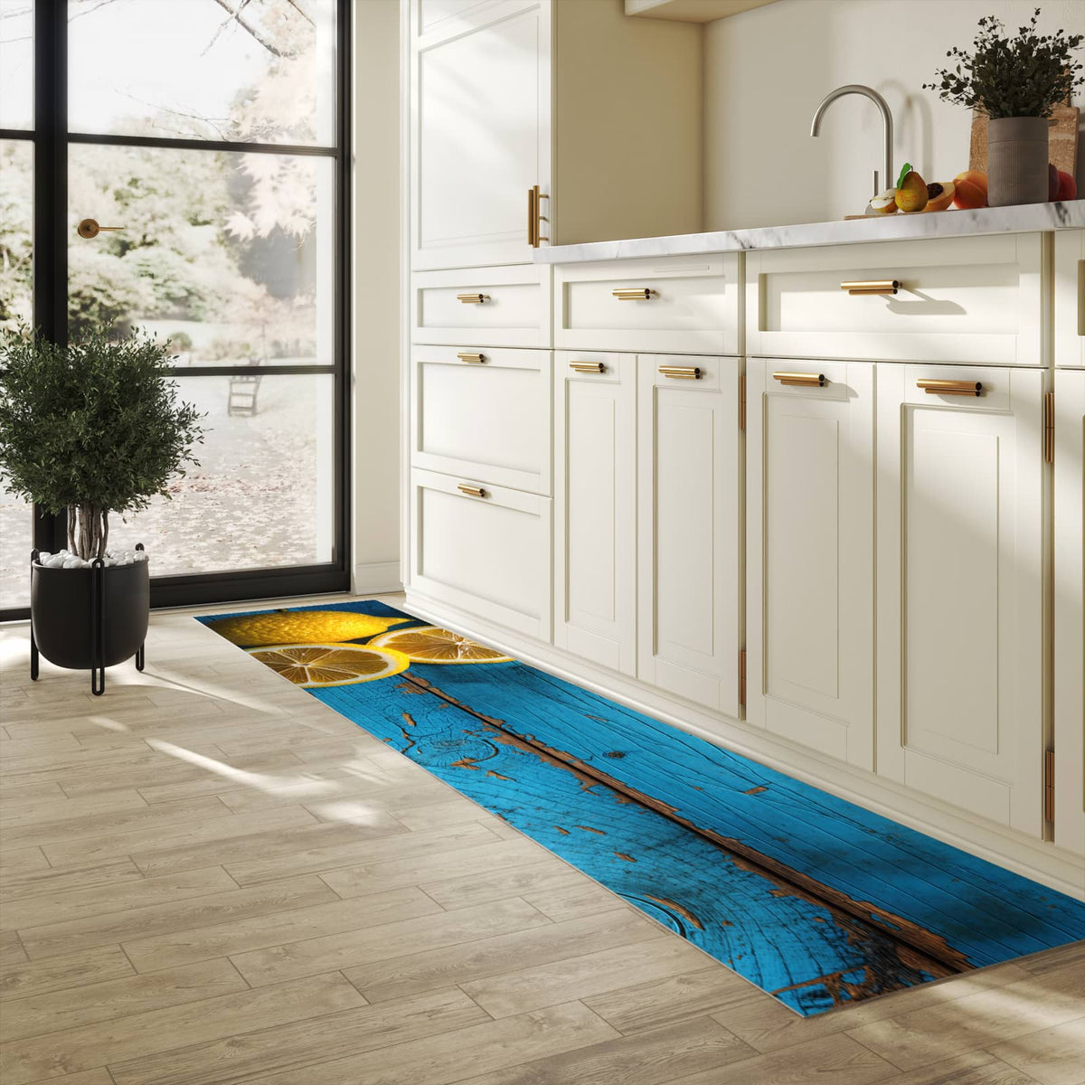 Pflegeleichter moderner Küchenläufer mit Motiv Zitronen auf Holz in heller Küche