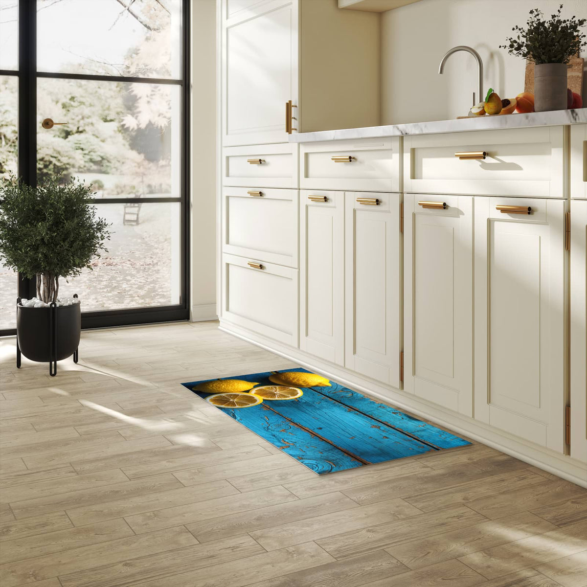 Fleckenresistenter Küchenläufer mit Motiv Zitronen auf Holz in heller Küche